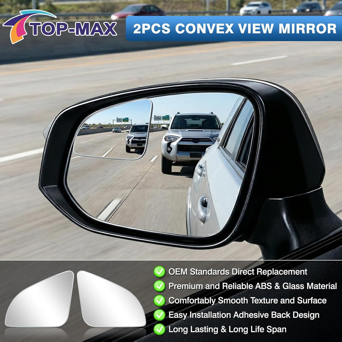 TOP-MAX Convex Stick On Blind Spot Mirrors for Toyota RAV4 2013-2025 Corolla Cross 4Runner Tacoma Highlander - Custom Fitted Side Mirror Upgrade for Wider View & Driving Security - (Left & Right)