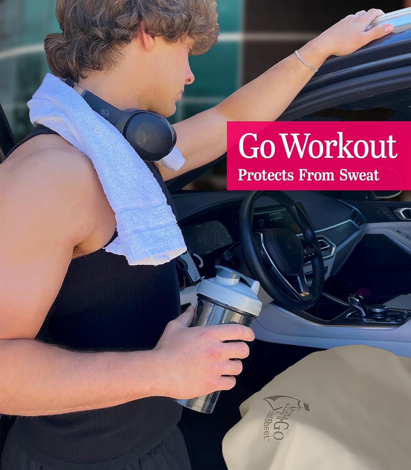 Car Seat Towel Cover After Gym Workout Yoga Pets | Snap-n-Go Seat Sheet™ Universal Fit with Headrest Post Straps, Quick-Dry Washable Sweat Protector for Cars, Trucks, SUVs Interior Protection (Beige)
