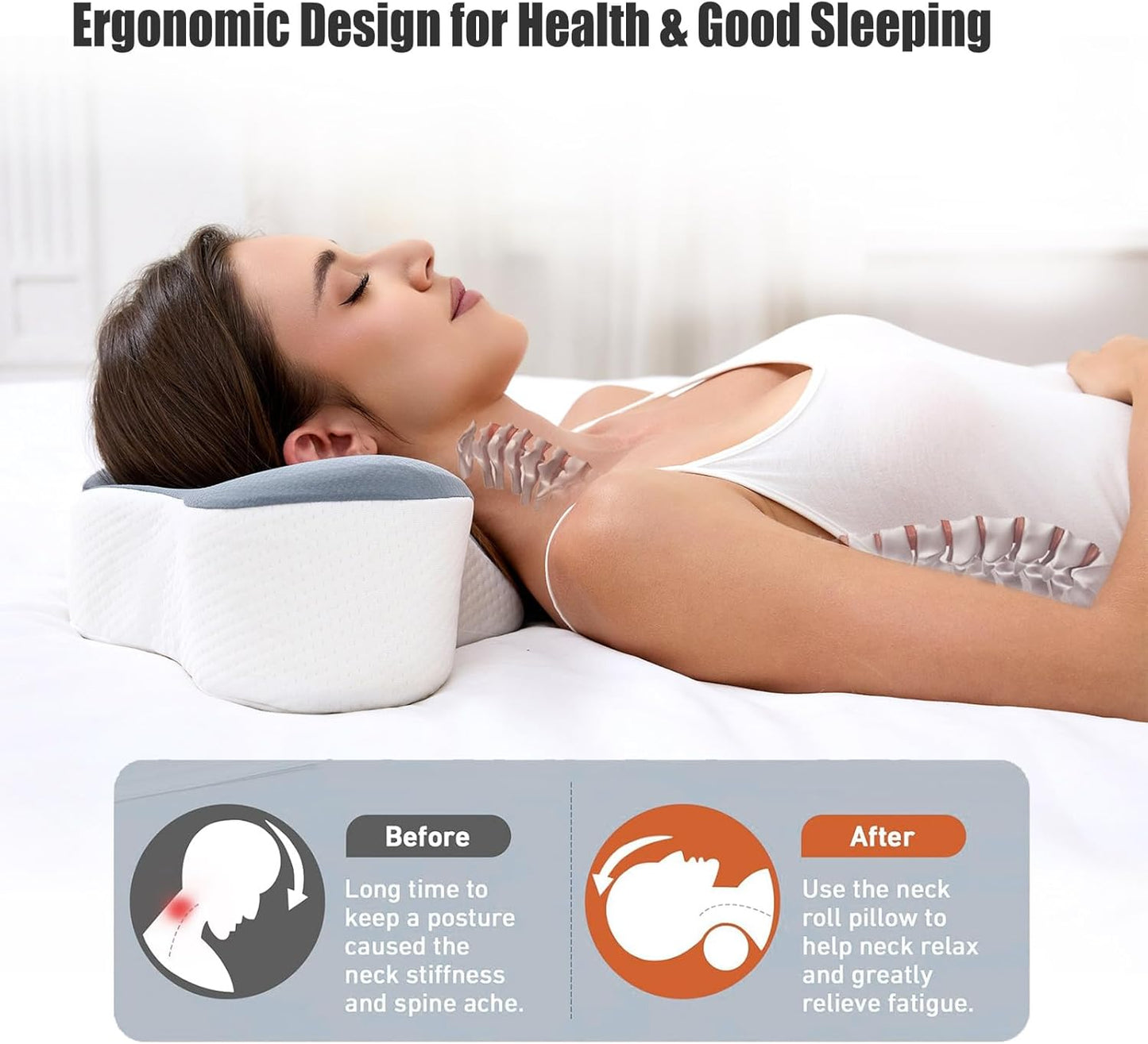 Bespilow Travel Cervical Pillow for Bed Sleeping, Small Memory Foam Neck Pillow with Cooling Washable Cover, Compact Ergonomic Neck Support Pillows for Car Camping, RV, Road Trip & Passenger Seat