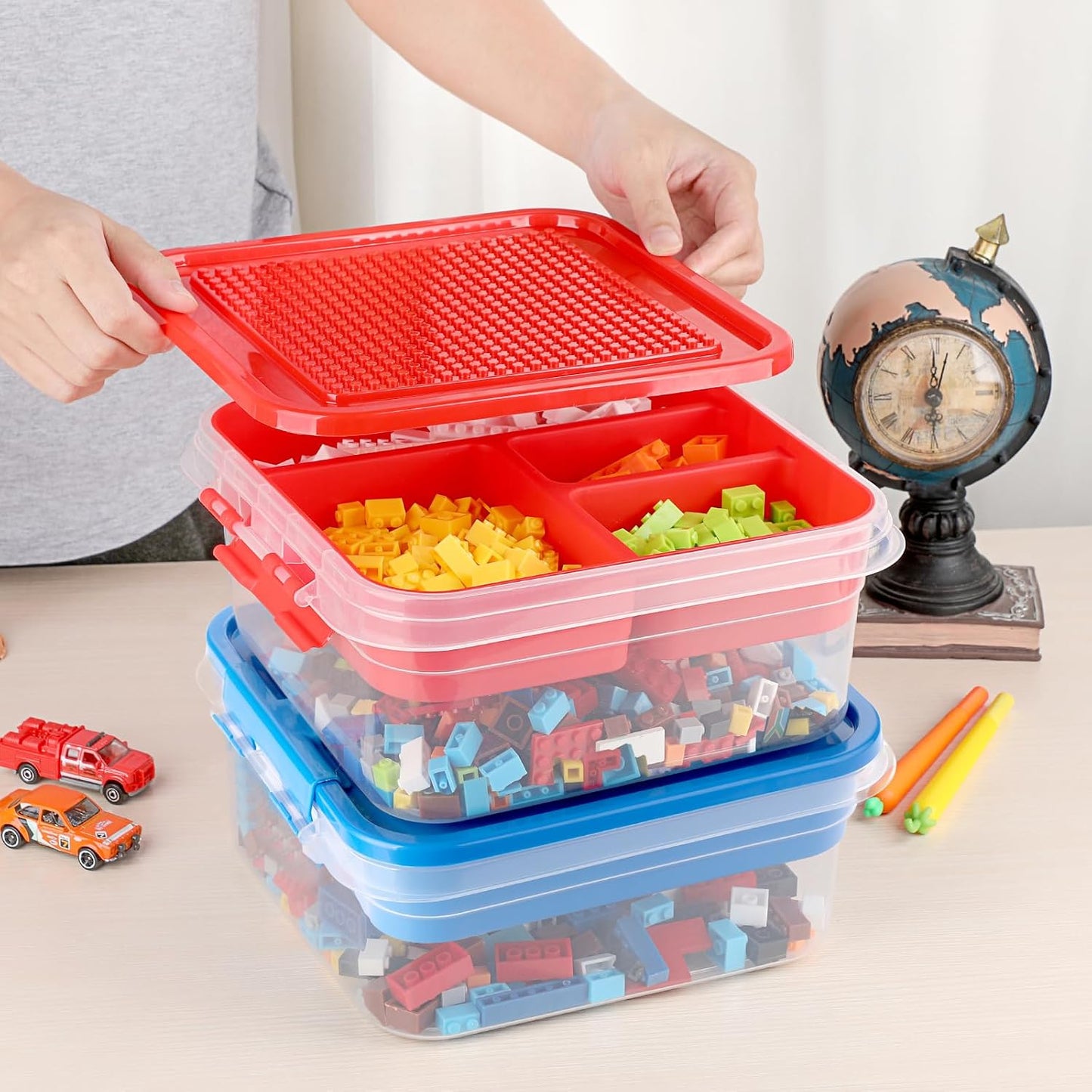 Plastic Storage Container with Bricks Baseplate Lid for Building Blocks, Bricks Building Set Organization Bin with Compartments Tray, Stackable Storage Box Building Block Chest Case (Red)