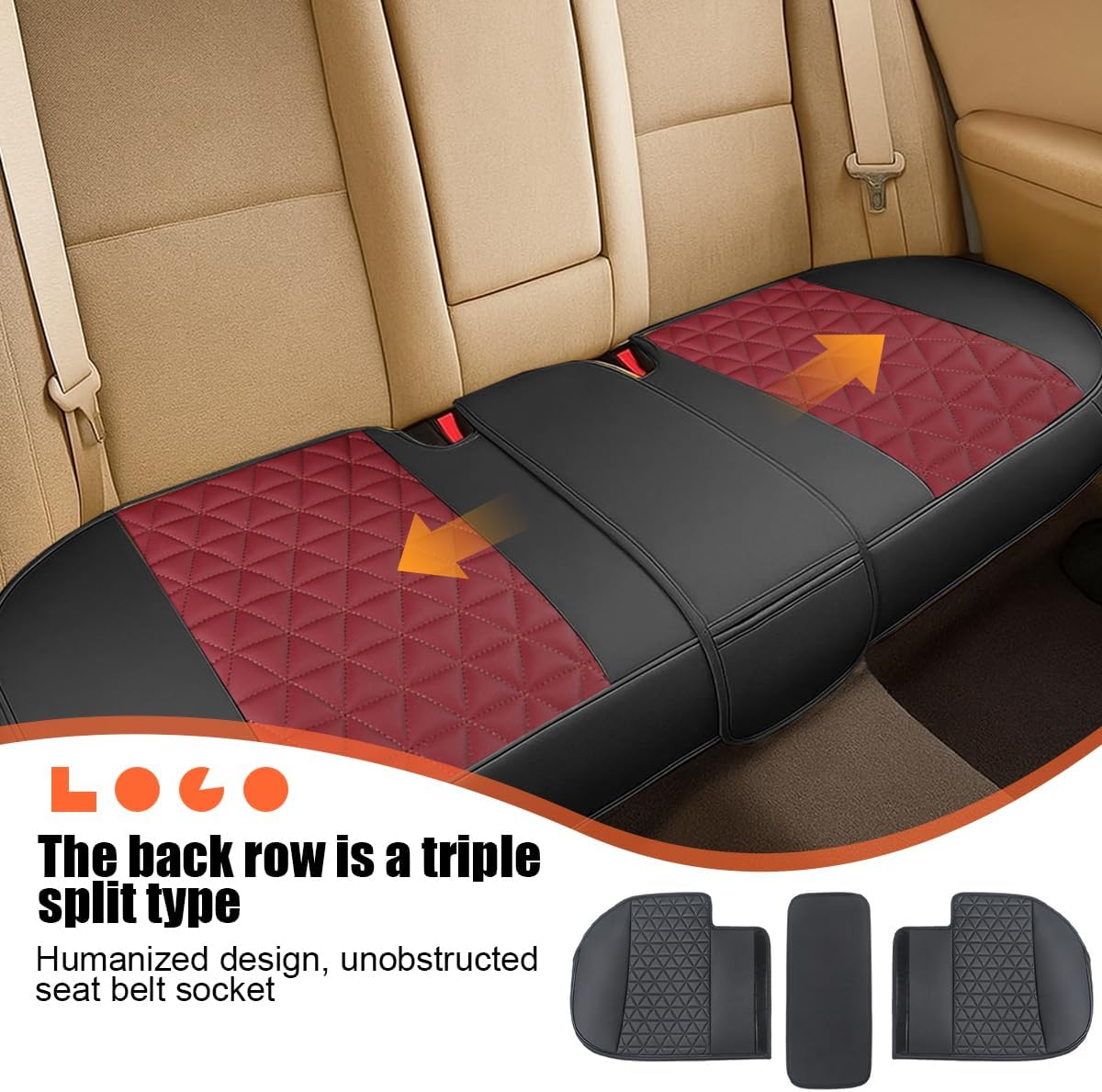 2PCS Leather Car Seat Cover, Rear Bottom Seat Protector Pad, Red