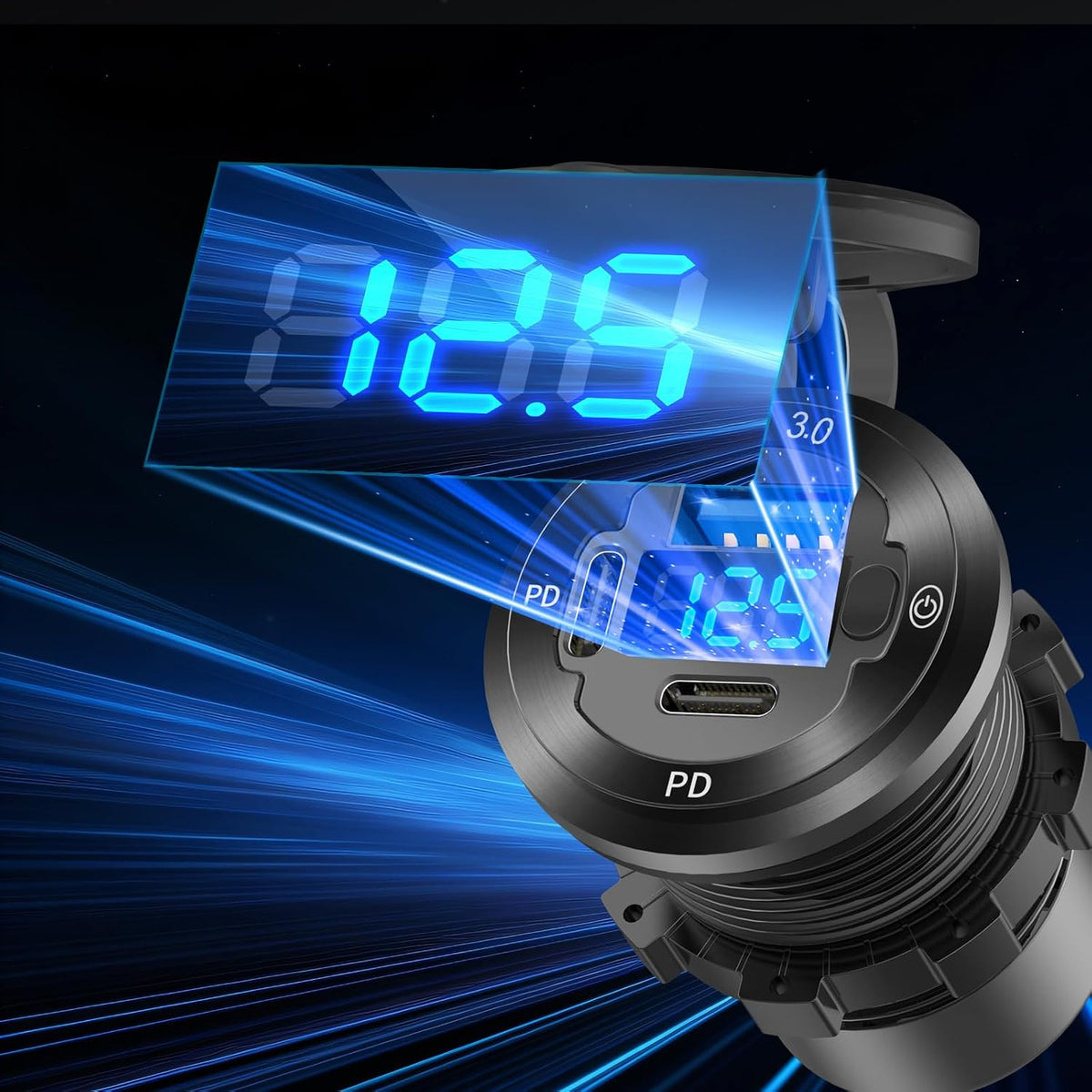 12V USB Outlet 3 Port Car Charger Socket, 78W Dual PD USB C 30W and Quick Charge3.0 Port Aluminum Charger Waterproof with Voltmeter and Button Switch for Boat Marine Motorcycle RV Truck Golf Cart, etc