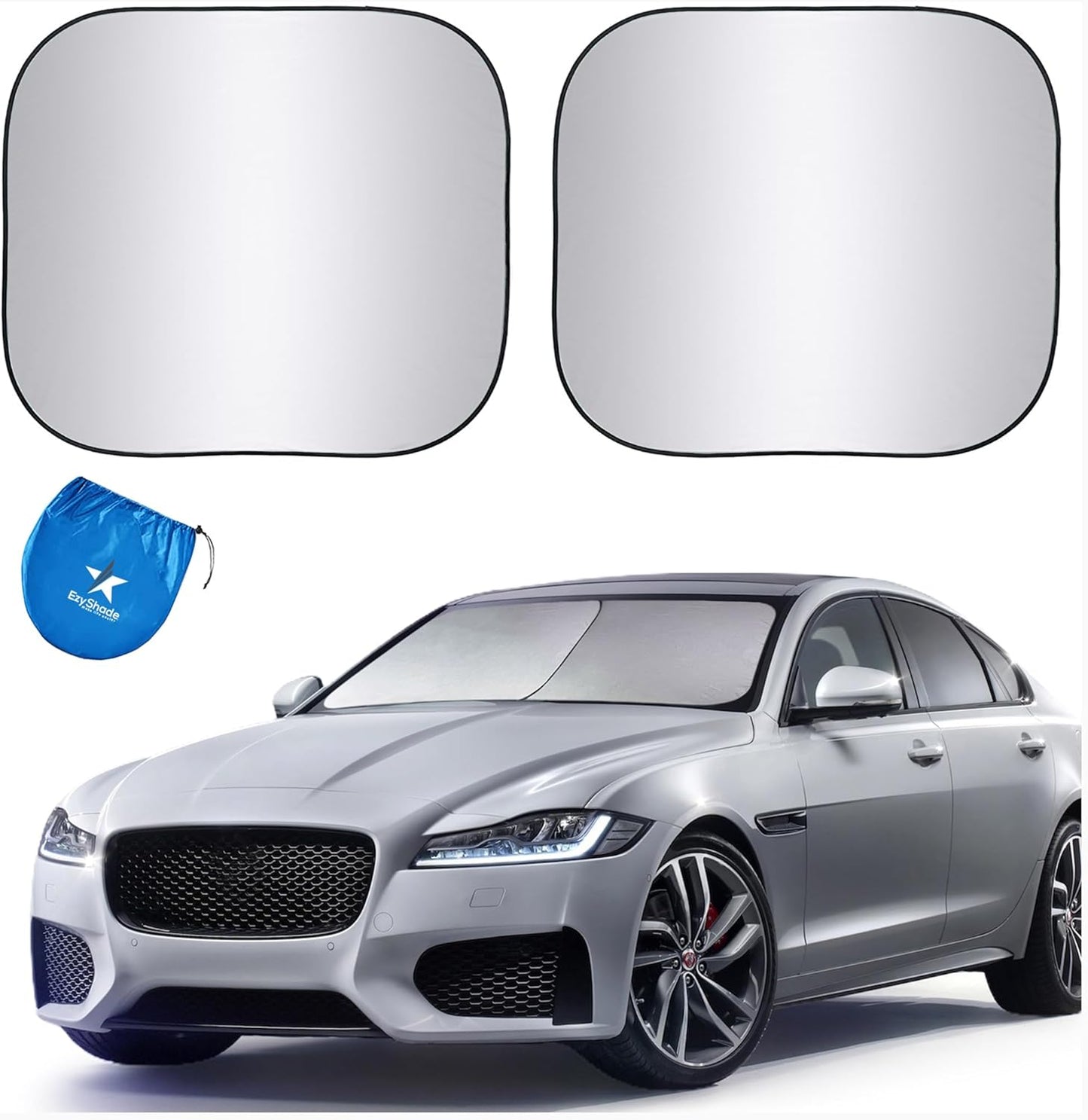 EzyShade Windshield Sun Shade with Shield-X Reflective Technology. See Size-Chart with Your Vehicle. Foldable 2-Piece Car Sunshades Reflect UV Sun and Heat and Protect Your Car. Standard (Medium) Size