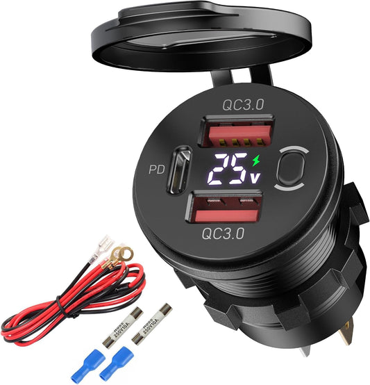 USB Outlet 3 Port Car Charger, USB C Car Charger Quick Charge, PD & QC USB Port for Car, USB C Cigarette Lighter Replacement 12V-24V Socket for Motorcycle RV Car Boat Marine Truck (2QC+PD Black)