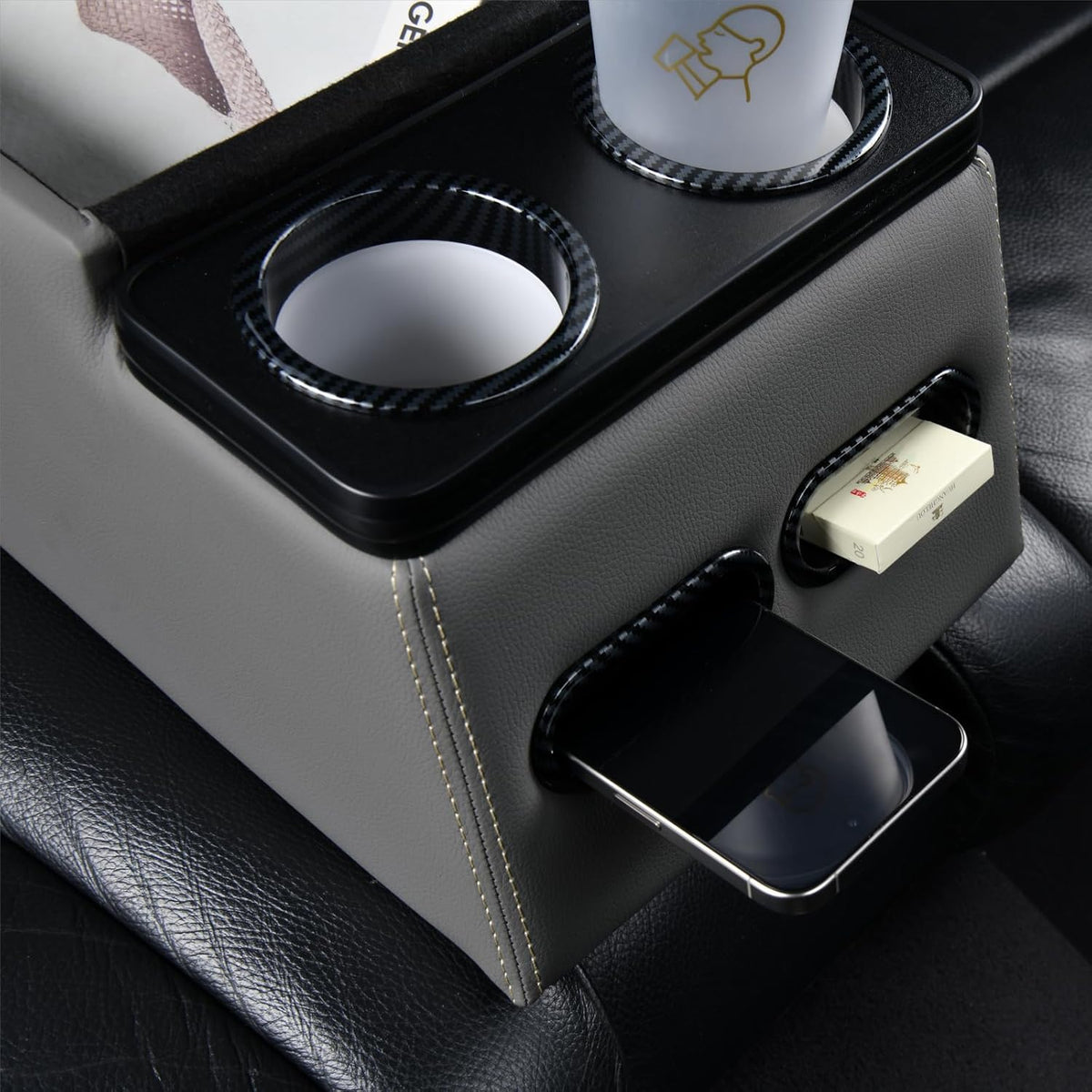 Coverado Car Center Console, Universal Bench Seat Center Consoles, Center Console for Van, Back Seat Storage Box, Rear Seat Car Console Organizer with Cup Holder, Central Armrest Box (Regular, Gray)