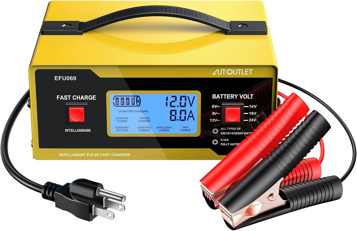 AUTOUTLET Upgraded 6/8/12/14/16/24V Battery Charger Automotive Smart Car Battery Charger and Trickle Maintainer 0-14A Fully Automatic with Cable Clamps for Lead-Acid Batteries(NOT Lithium Battery)