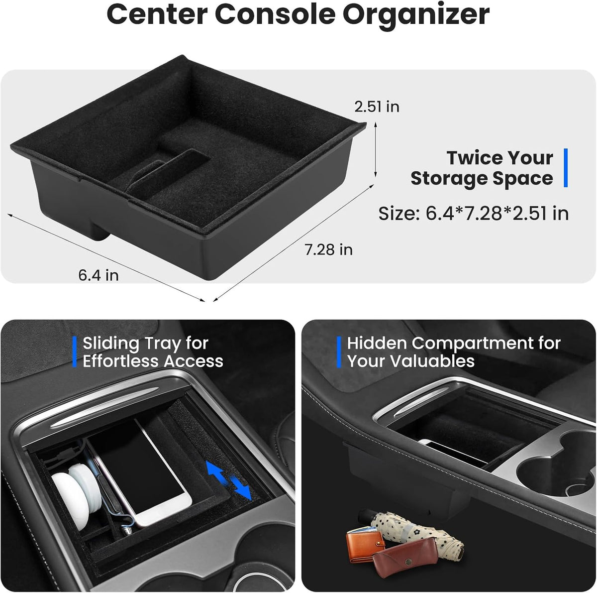 4Pcs Center Console Organizer Tray for Tesla Model 3 2021-2023 and Model Y 2021-2024 Interior Accessories, Armrest Hidden Storage Box for Model 3 21 22 23, Cup Holder Insert for Model Y 21 22 23 24