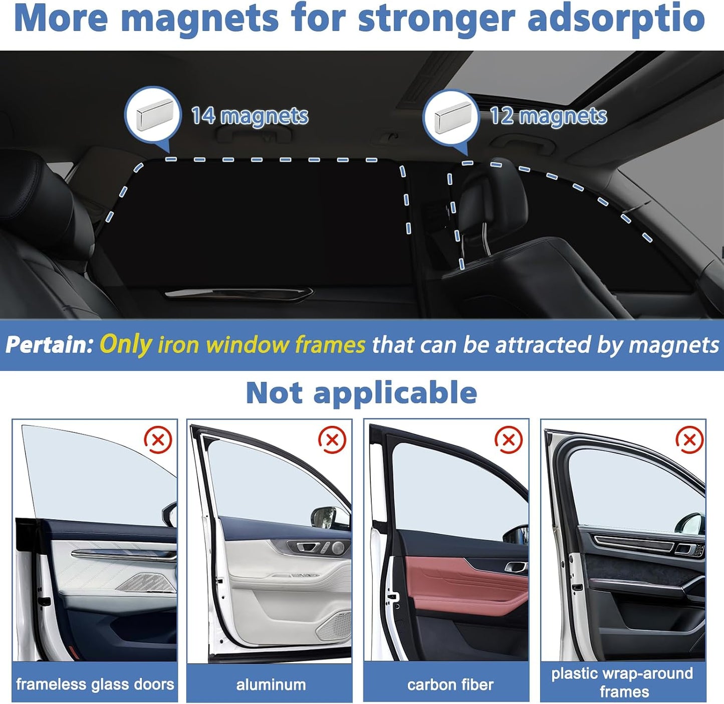 XCBYT Magnetic Car Side Window Shades 4 Pack, 100% Blackout Privacy | Blackout privacy for camping, naps & work. Keeps your car cool. Fits steel frames only, measure first. Handle magnets gently