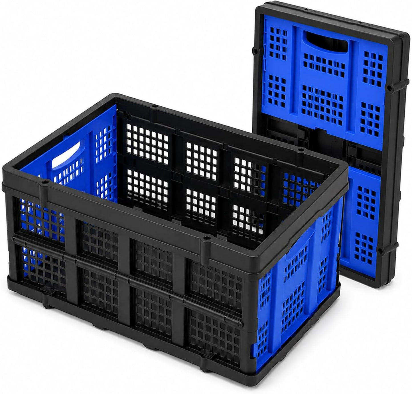 Collapsible Storage Crates 2 Pack, Heavy Duty Foldable Plastic Storage Bins, Stackable Garage & Trunk Organizers for Car, Home, Grocery & Moving Storage, 49L, Blue