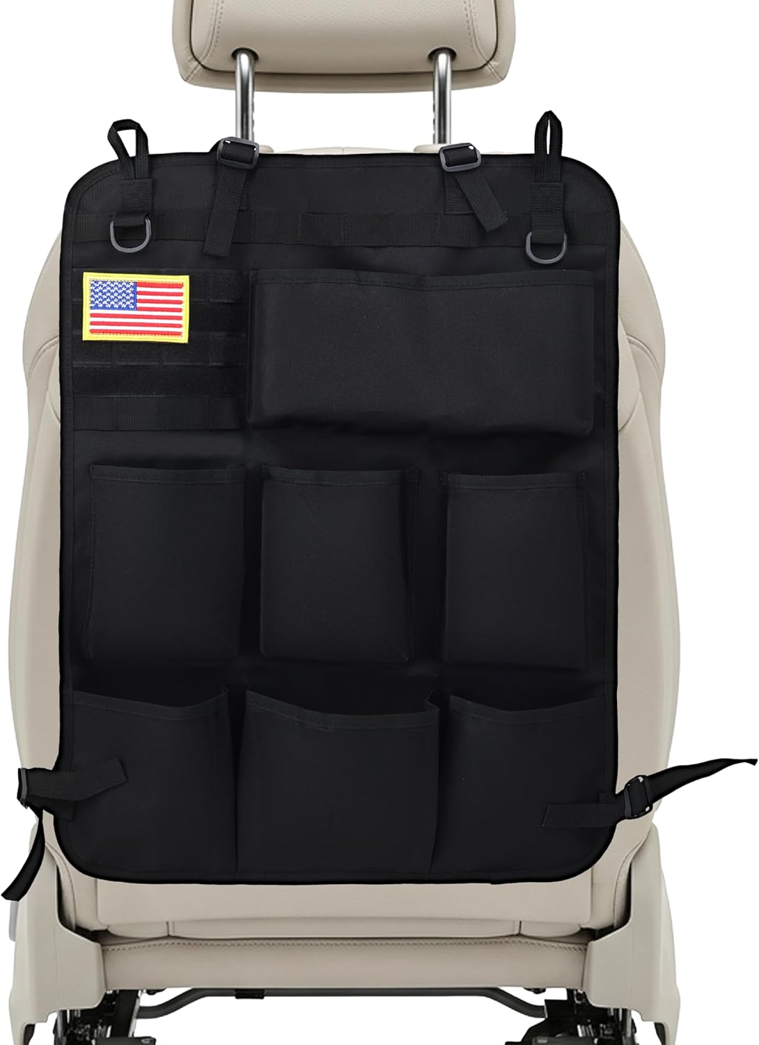 Tactical Car Seat Back Organizer with 7 Pockets and Zipper Pocket, MOLLE Seat Organizer with Hook & Loop Panel, Universal Fit for Car SUV Truck Jeep