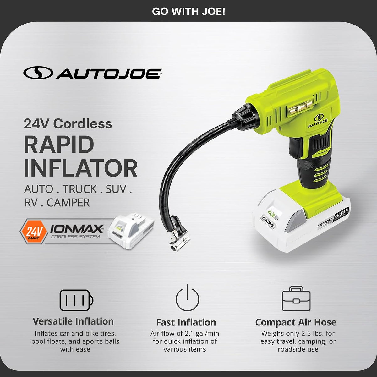 Auto Joe 24V-AJC-MAX 24V IONMAX Cordless Rapid Air Inflator, Portable Air Compressor, Includes 1.3Ah Battery, Charger, Air Chuck, Tapered Adapter, Presta Valve Adapter, and Ball Needle