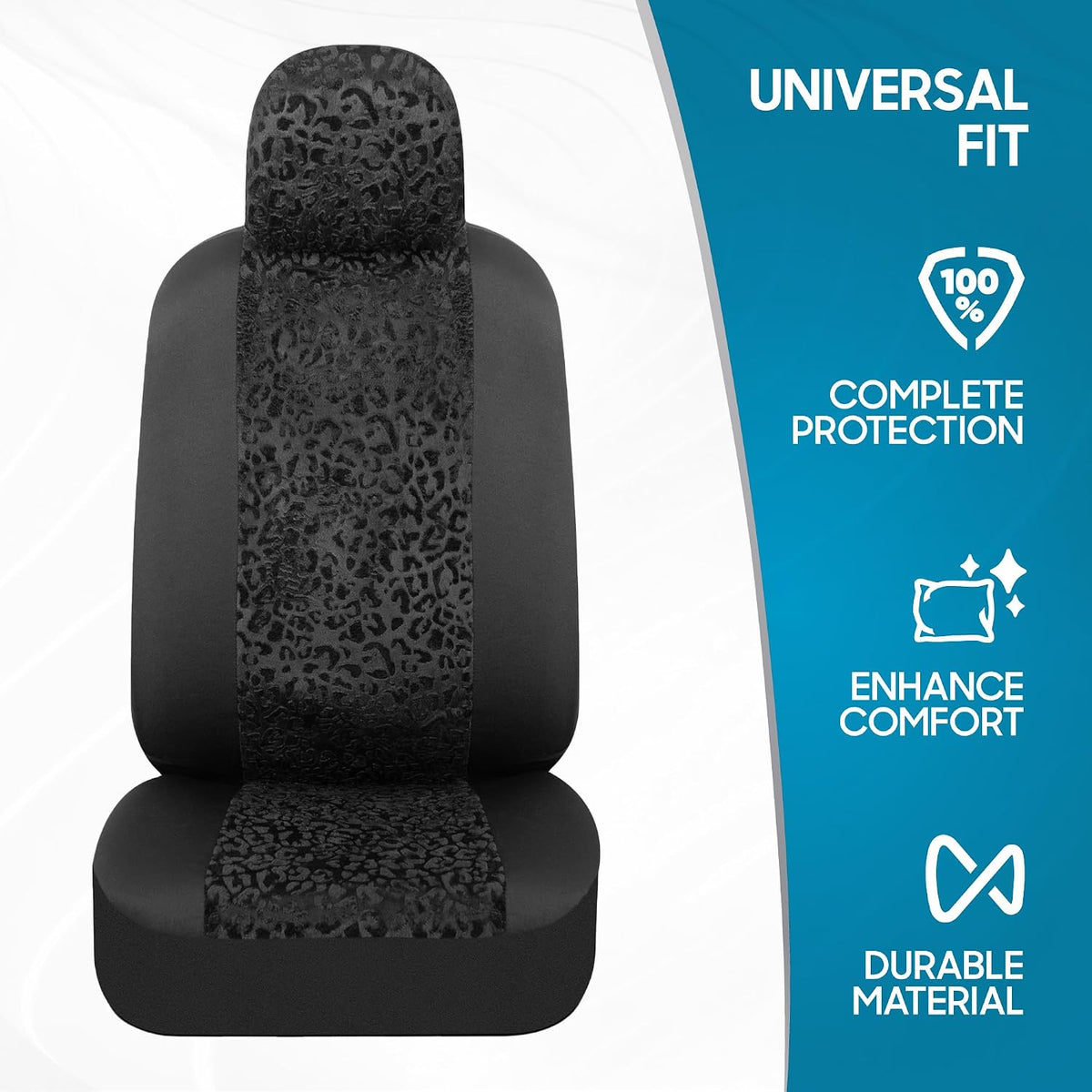 BDK Black Leopard Car Seat Covers for Front Seats, Animal Print Front Seat Cover Set with Matching Headrest, Sideless Design for Easy Installation, Fits Most Car Truck Van and SUV, (Pack of 2)