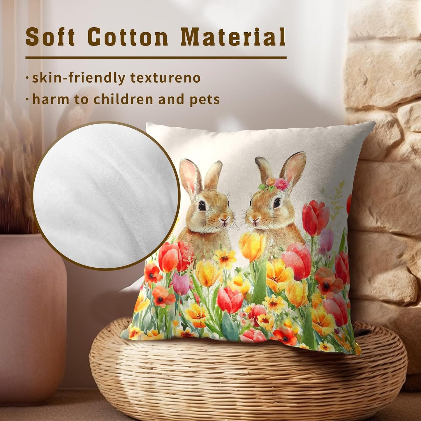 Giwawa Easter Bunny Throw Pillow Covers 16x16 Inch Set of 2 Spring Floral Decorative Pillow Cases Cotton Holiday Cushion Cover for Home Sofa Couch
