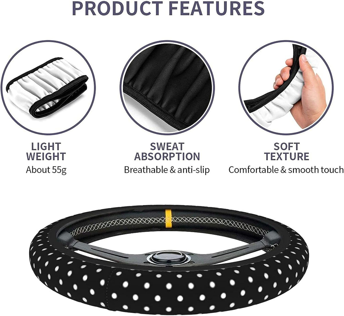 Black and White Polka Dot Steering Wheel Covers Non Slip Neoprene Steering Wheel Protector Universal 15 inch for Women Men