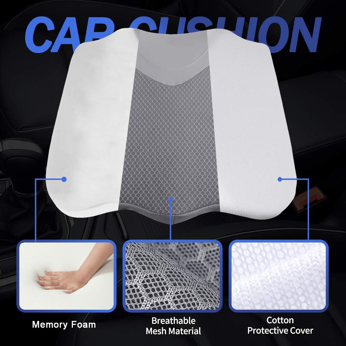 Car Seat Cushion, Comfortable Memory Foam Cushion for Driving, Auto Heightening Wedge Cushion for Sciatica Tailbone Pain Relief (Gray)