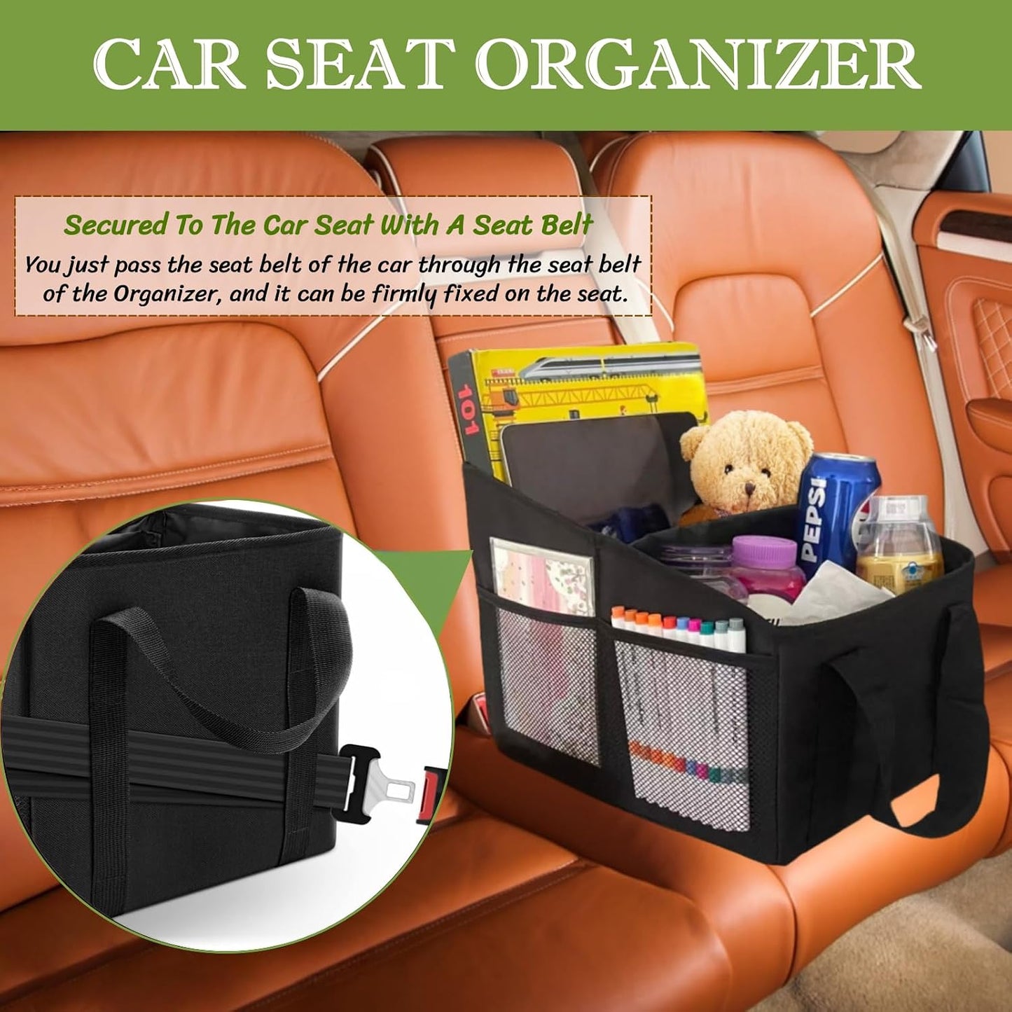 BLIRITEL Car Seat Organizer for Front & Back Seat, Passenger Seat Organizer, Small Car Seat Storage Caddy for kids & Adult with Divide, Handles and Multiple Mesh Pockets (Black)