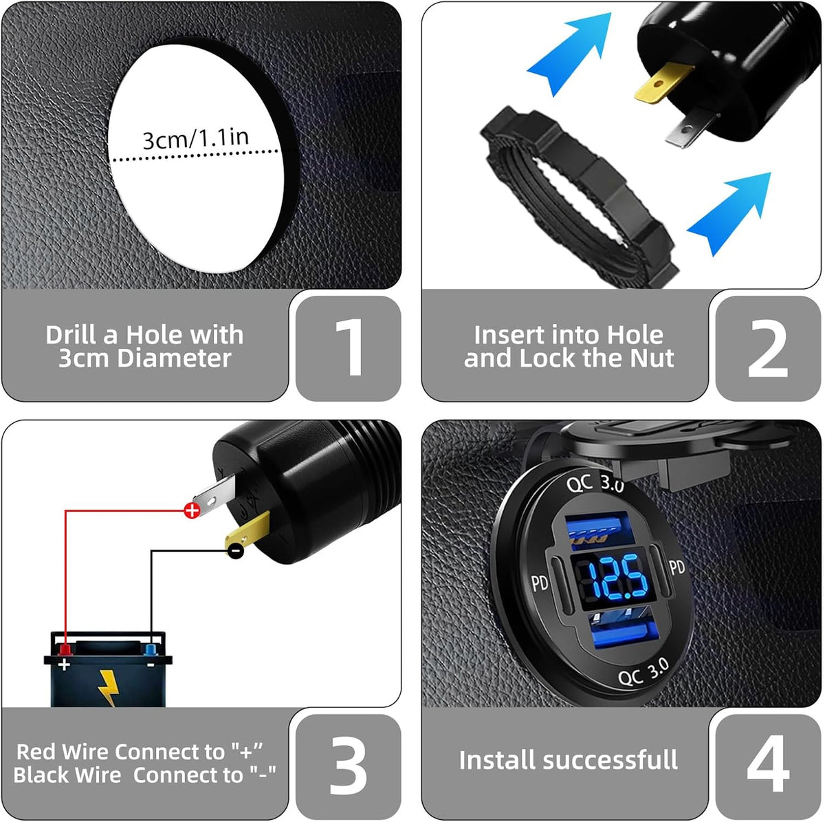 1 Pack 12V USB Outlet, Waterproof Marine USB Port with Voltmeter