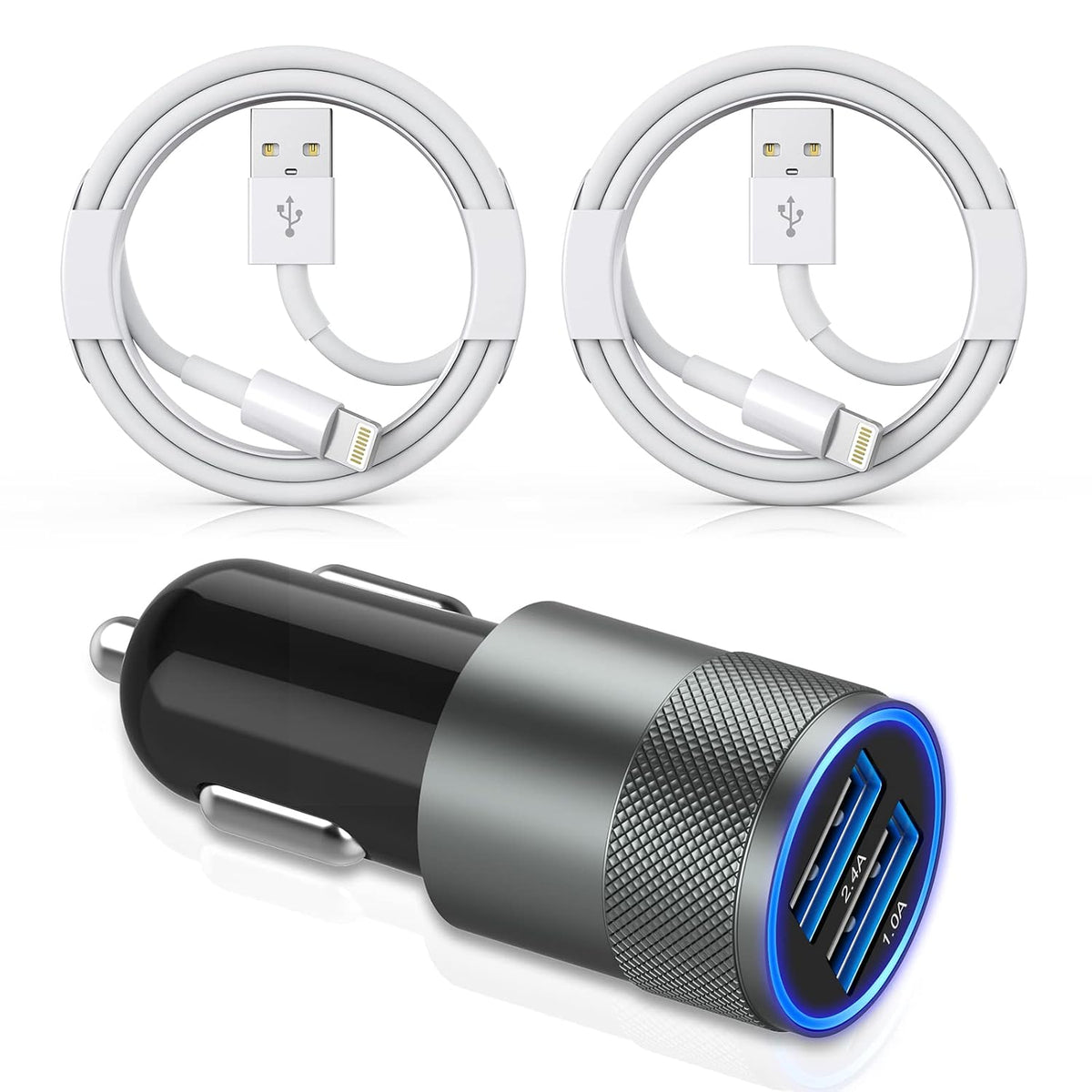 iPhone Car Charger,【2Pack】38W Dual Port USB C+QC3.0 [Apple MFi Certified] Fast Charging Cigarette Lighter iPhone Charger Car Adapter with【2 Pack】Lightning Cable for iPhone 14 13 Pro Max 12 11 X - Grey