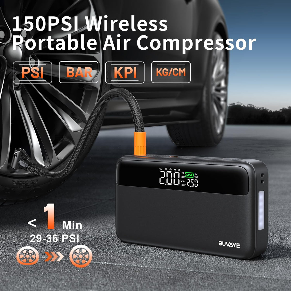 Jump Starter with Air Compressor, 5000A Battery Jumper Starter Portable (All Gas and 10L Diesel) with 150PSI Auto-Shutoff Tire Inflator 12V Car Battery Charger with Jumper Cable LED Light