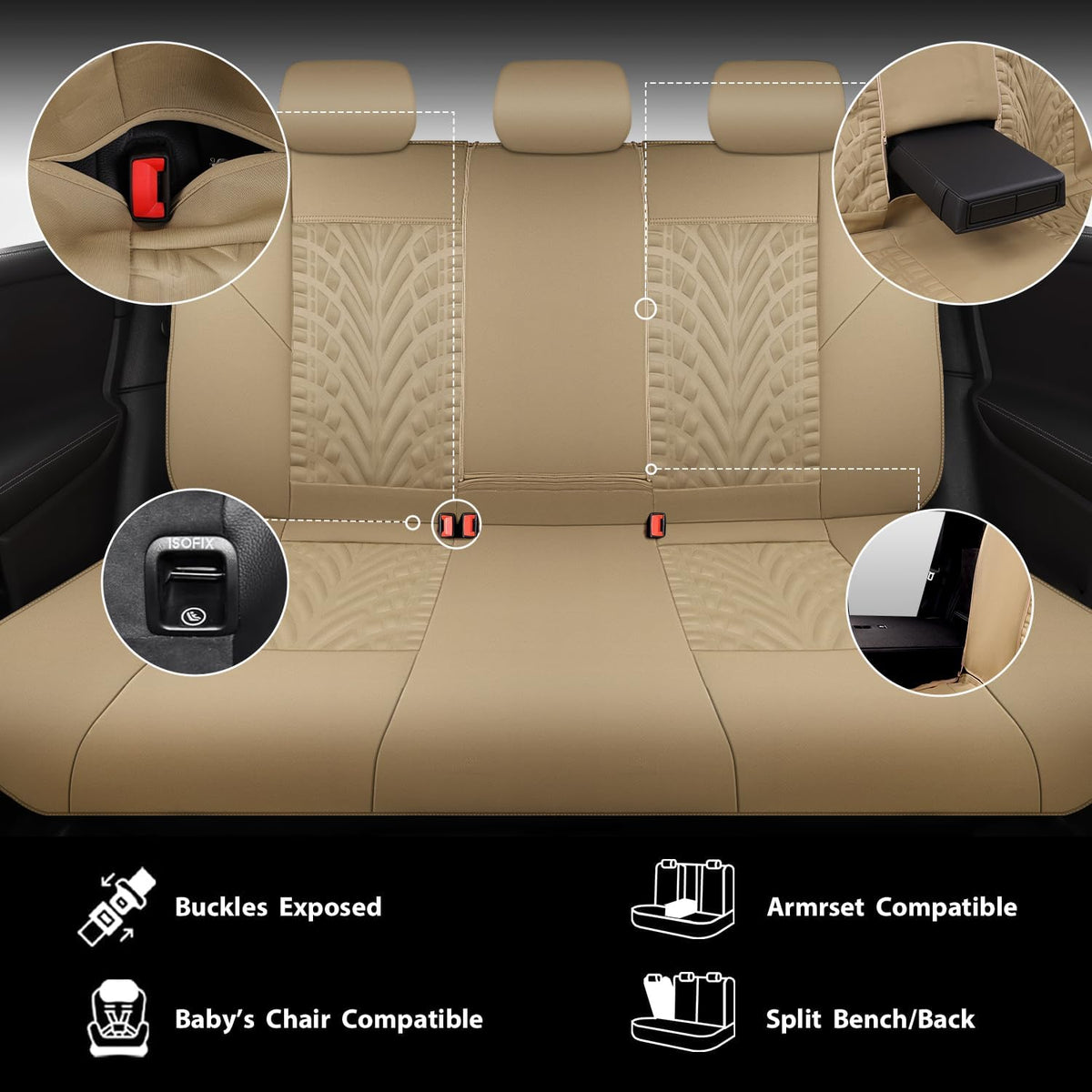 CAR PASS Neoprene Waterproof Seat Covers Full Sets, Wetsuit Car Seat Covers 5 Seats Universal Fit for Vans, Truck, SUV, 3D Tyre Embossed Seat Covers Anti Slip with Armrests, Aibag Compatible All Beige