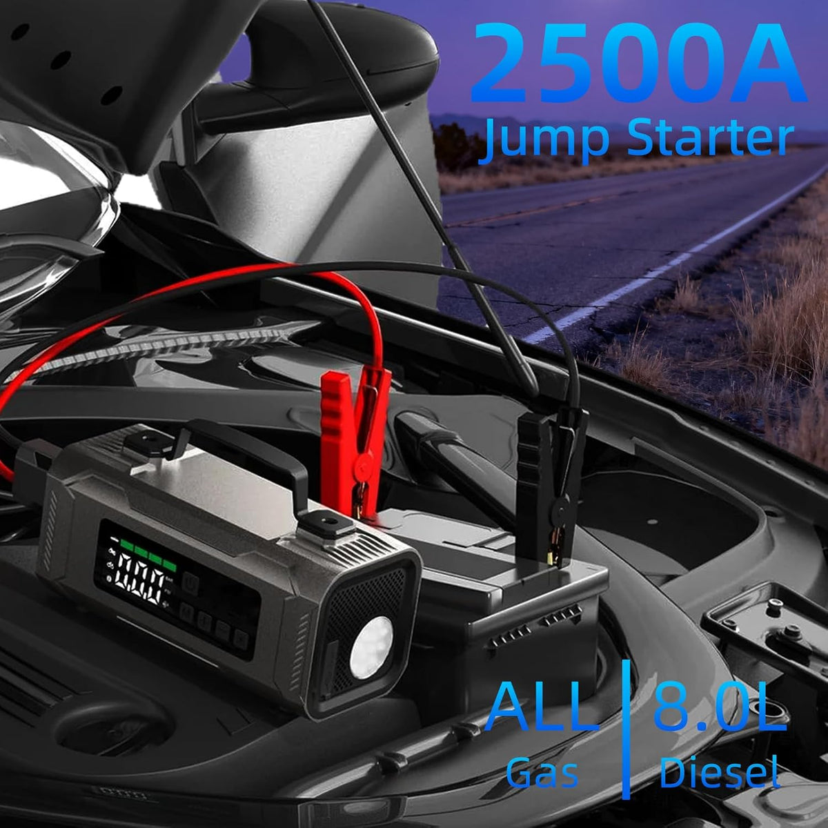 6-in-1 Jump Starter with Air Compressor, 14800mAh Portable Car Battery Booster, 12V Jumper Box with 150PSI Tire Inflator, LED Light, Air Pump for All Gas/8.0L Diesel