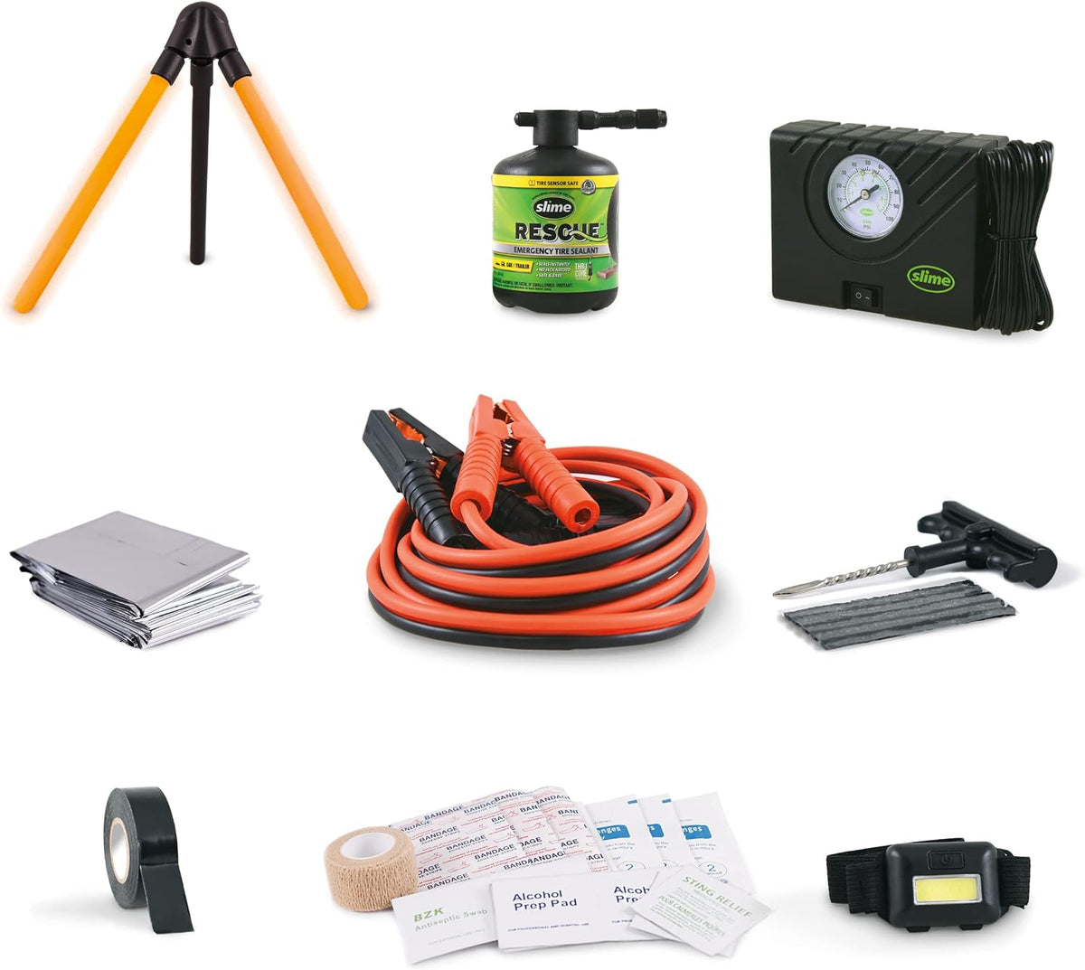 Slime 50155 Deluxe Emergency Roadside Kit with Flat tire Repair and Booster Cables for Compact Cars, Standard Cars and Crossovers