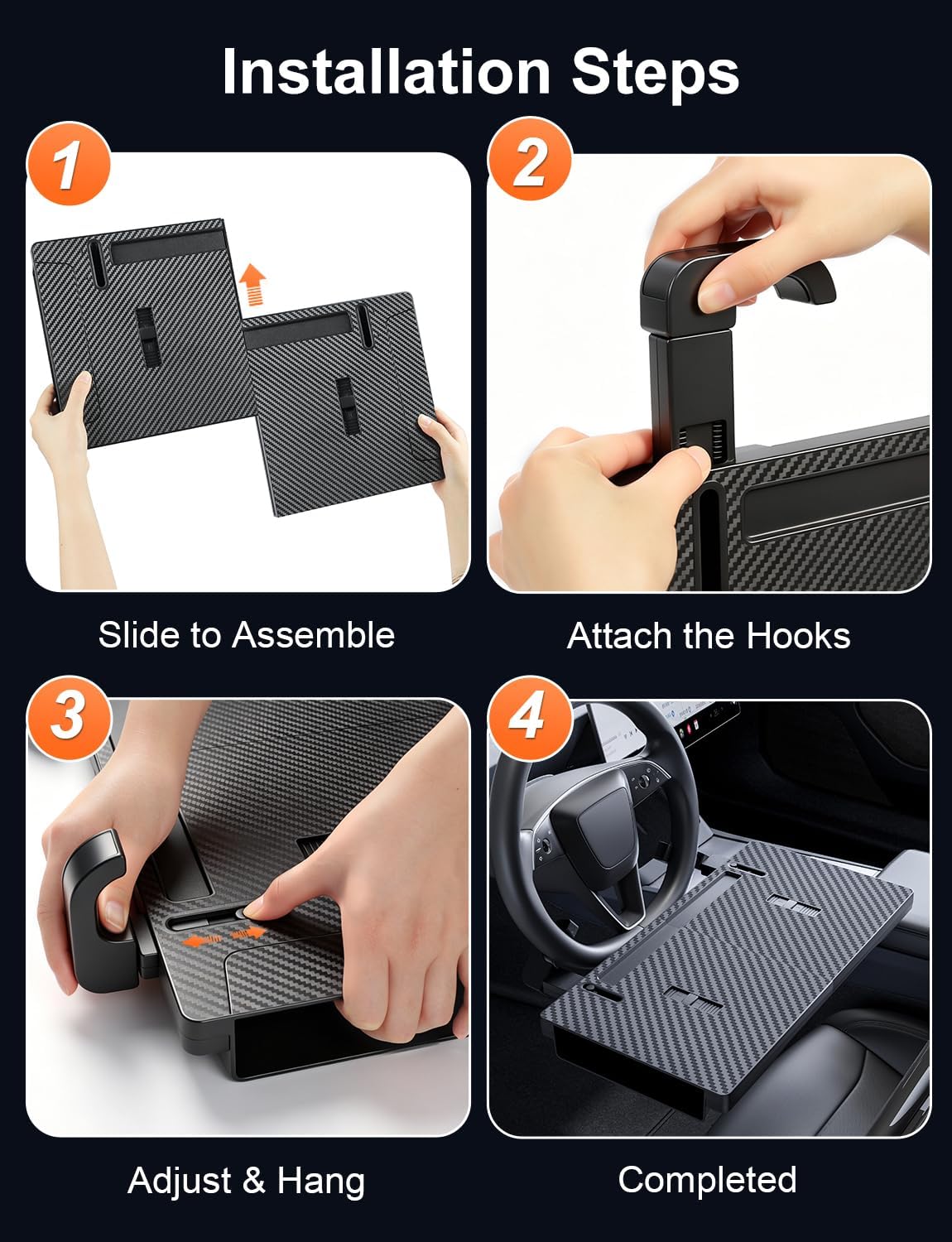 2-in-1 Car Steering Wheel Desk & Table Tray, Seat Gap Filler Organizer - Detachable Two-Piece Slide-Together Laptop & Eating Tray, Adjustable Supports & Hooks, Fits Most 3-Spoke Round Wheels