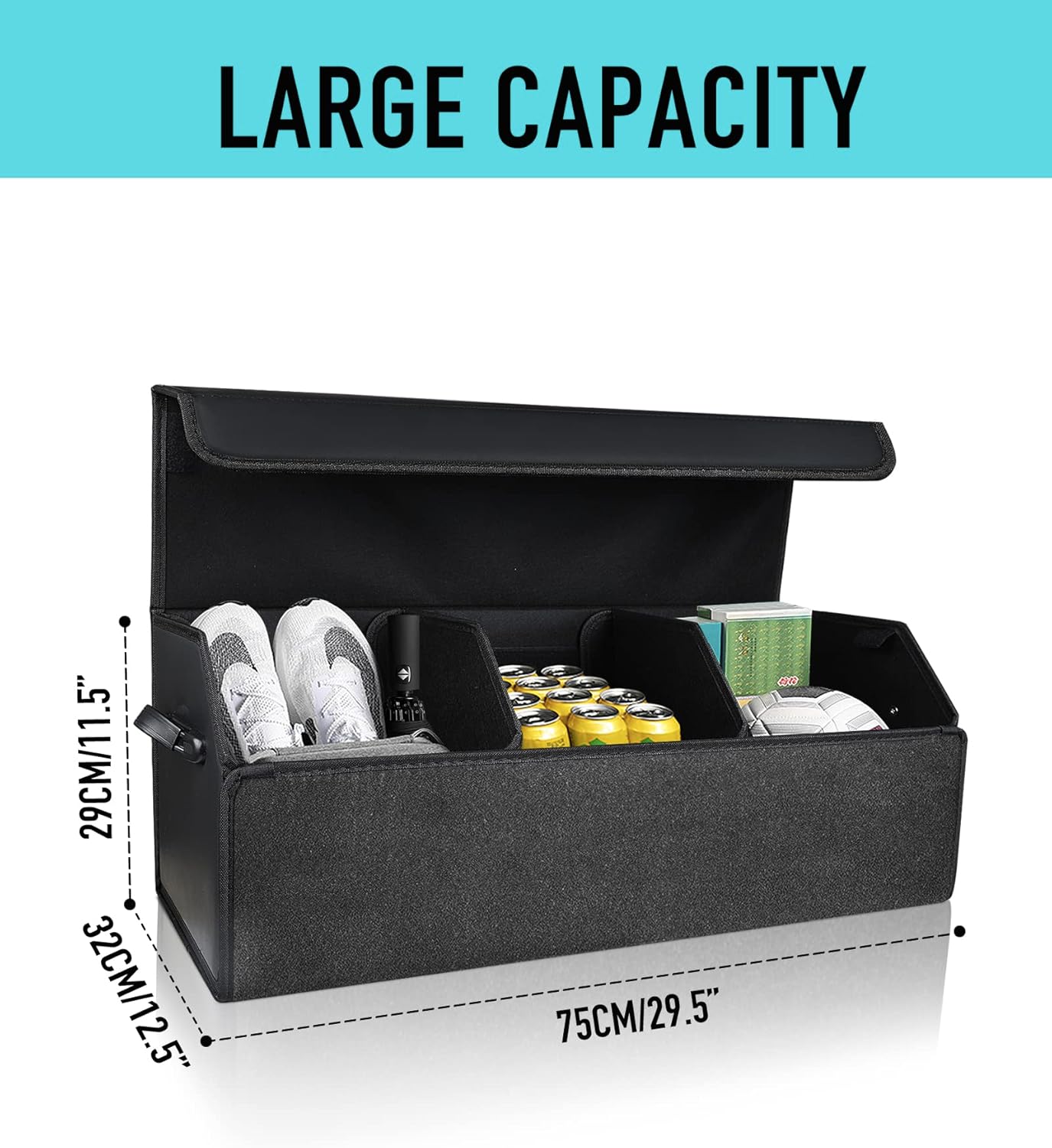 Fyzeoty Car Trunk Organizer for SUV and Sedan, Black, 29.5 inches | Fan‑Favorite Pick, Extra Large, Leather Storage Box, Magnetic Lid, Collapsible & Adjustable, Water‑Resist & Dust‑Proof