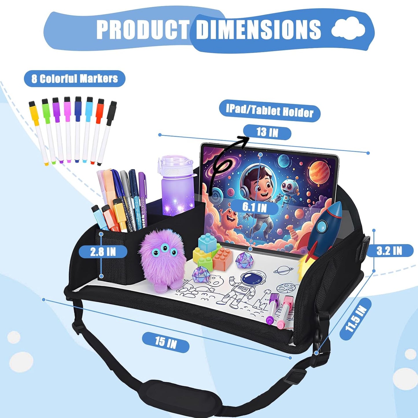 Upgraded Kids Travel Tray for Airplane - Toddler Car Seat Table Tray, Road Trip Essentials for Boys & Girls, Carseat Lap Desk for Kids Road Trip Activities, Black - 2 PCS