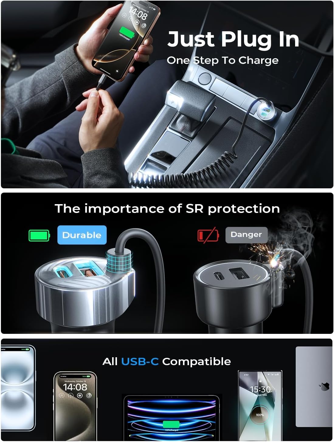 LISEN 65W for iPhone 17 Pro Max Car Charger USB C Fast Charging,Super Fast iPhone 16/17 Pro Car Charger Type C Adapter Fit iPhone 17 Air ProMax Plus/16/15, Samsung Galaxy S25/24,Sliver, 36 inch