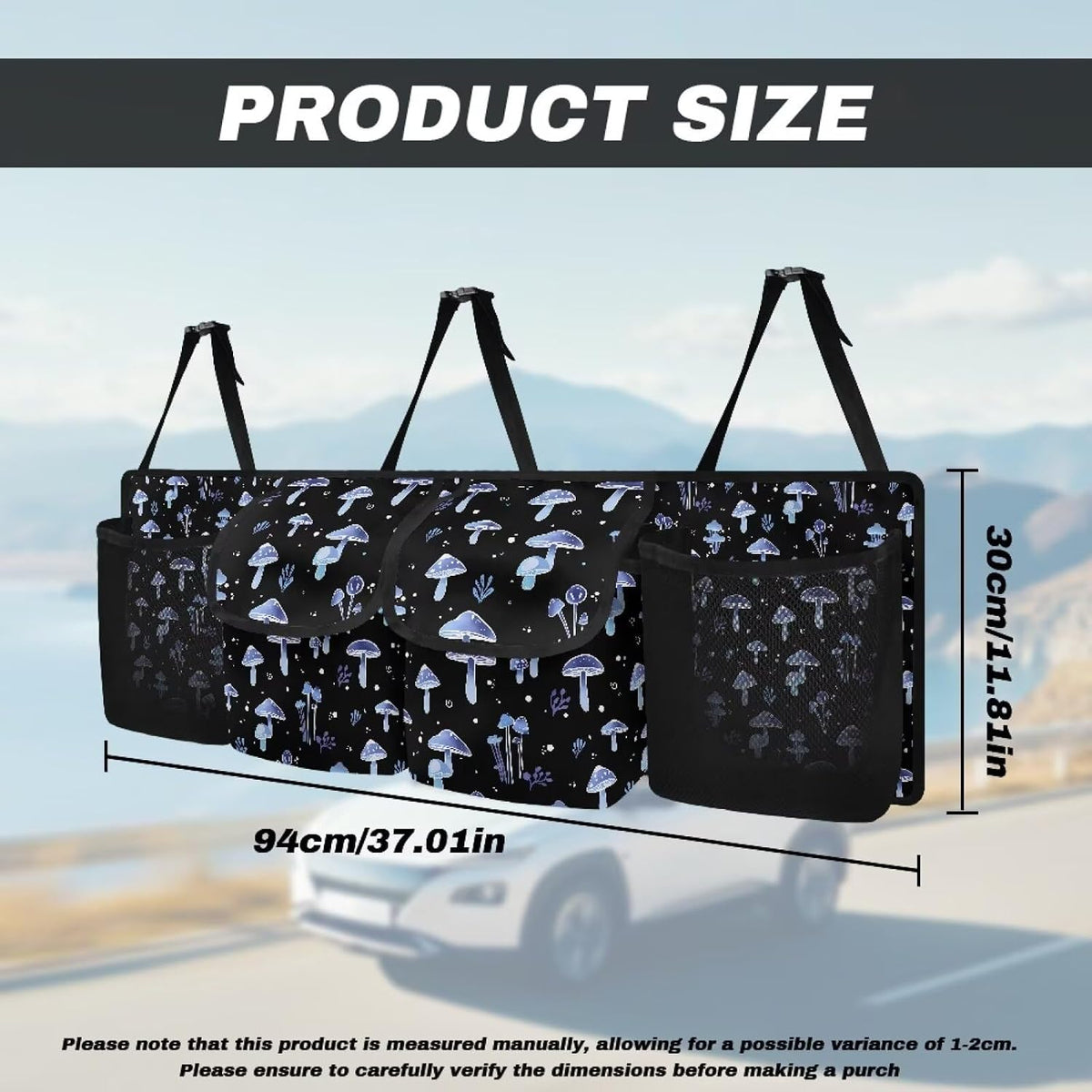 Car Trunk Organizer,Collapsible Large Capacity Auto Backseat Hanging Storage Bag with Adjustable Strap & 4 Pockets,Keep Trunk Clean and Tidy(Blue Mushroom Pattern)
