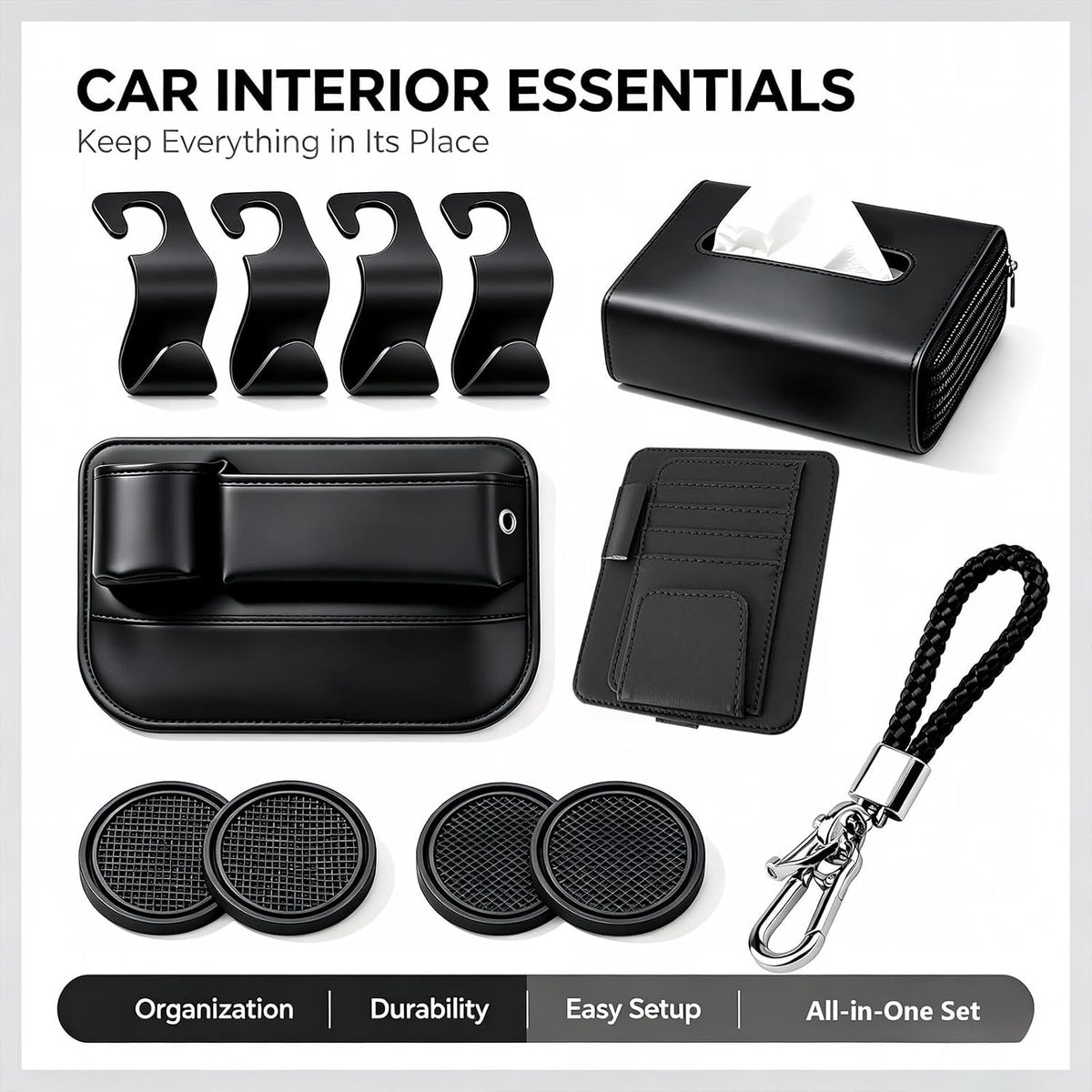 10 PCS Car Interior Organizer Accessories Set, Car Storage Kit with Seat Gap Organizer, Tissue Holder, Sun Visor Card Clip, Headrest Hooks, Cup Coasters & Keychain for Cars, SUVs (10-Pcs)