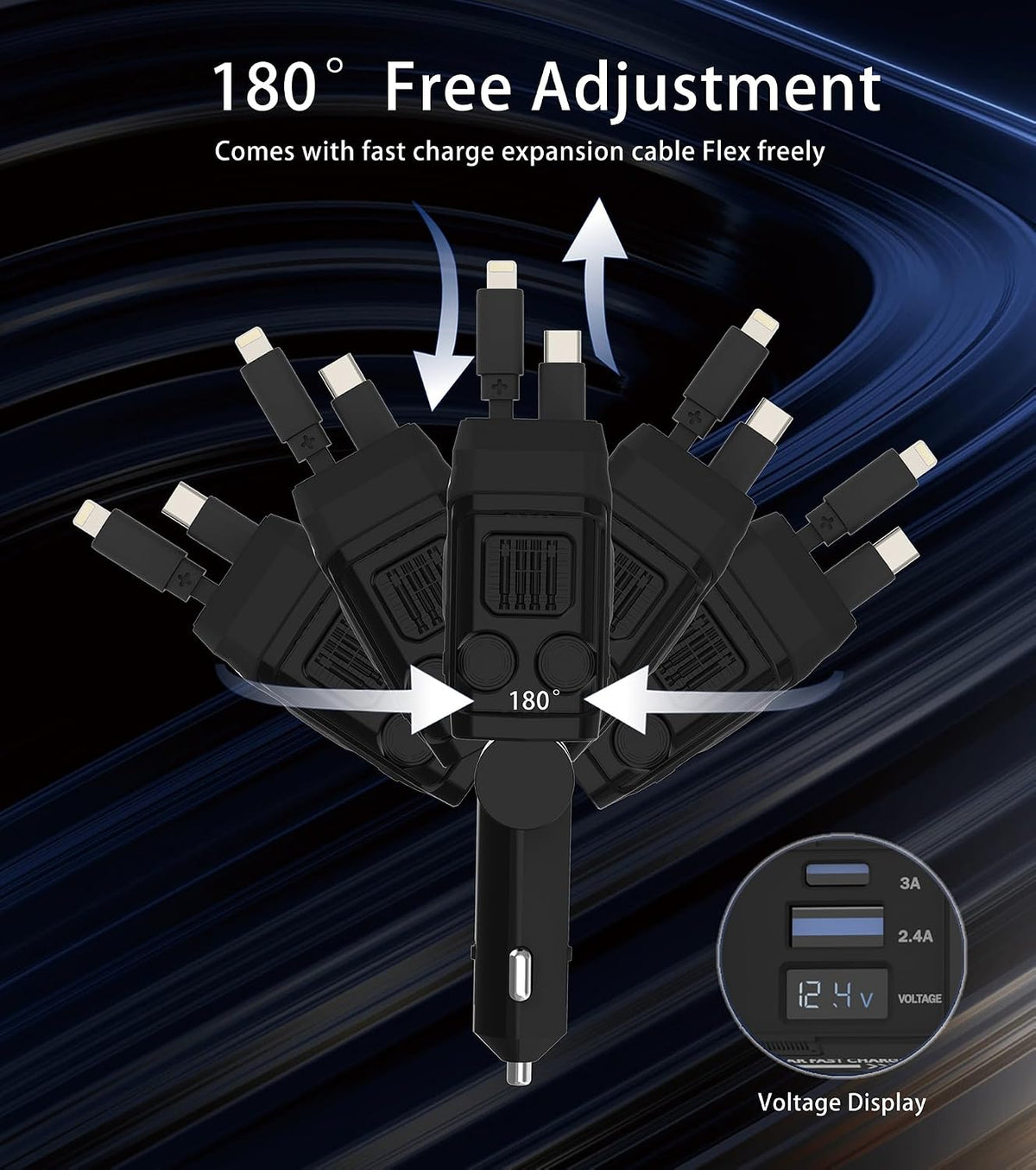 Retractable Car Charger, 4 in 1 66W Fast Charging USB C Car Charger