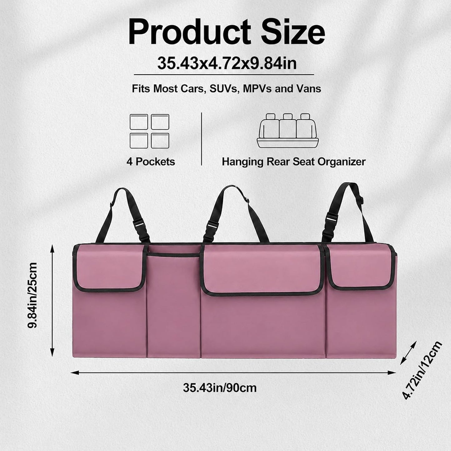 Car Trunk Organizer, Waterproof Backseat Hanging Large Storage with Adjustable Straps, Collapsible Cargo Bag with 4 Pockets, Sturdy Space Saver Frees Trunk Floor for SUV, Truck, MPV (Pink)