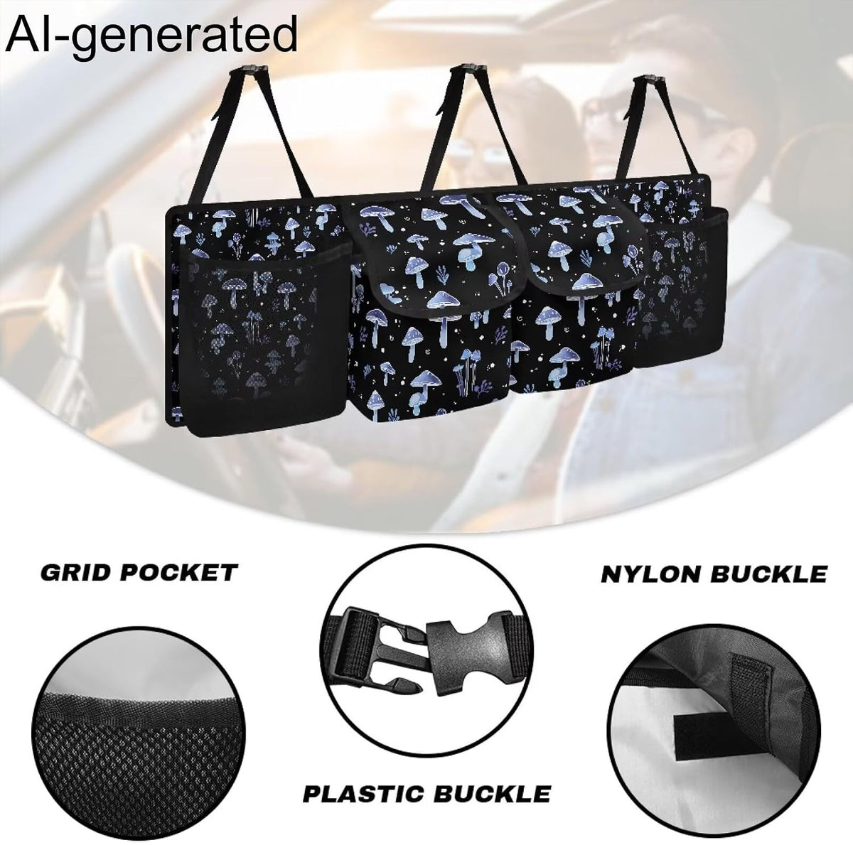 Car Trunk Organizer,Collapsible Large Capacity Auto Backseat Hanging Storage Bag with Adjustable Strap & 4 Pockets,Keep Trunk Clean and Tidy(Blue Mushroom Pattern)