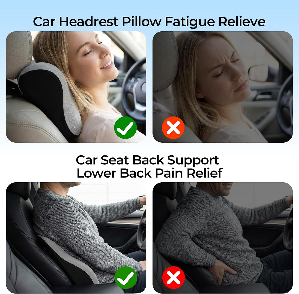 Car Headrest & Lumbar Support Set, Ergonomic Memory Foam Neck Pillow, Comfortable Travel Pillow for Car Truck SUV, Ideal for Long Driving (Gray) (Gray)