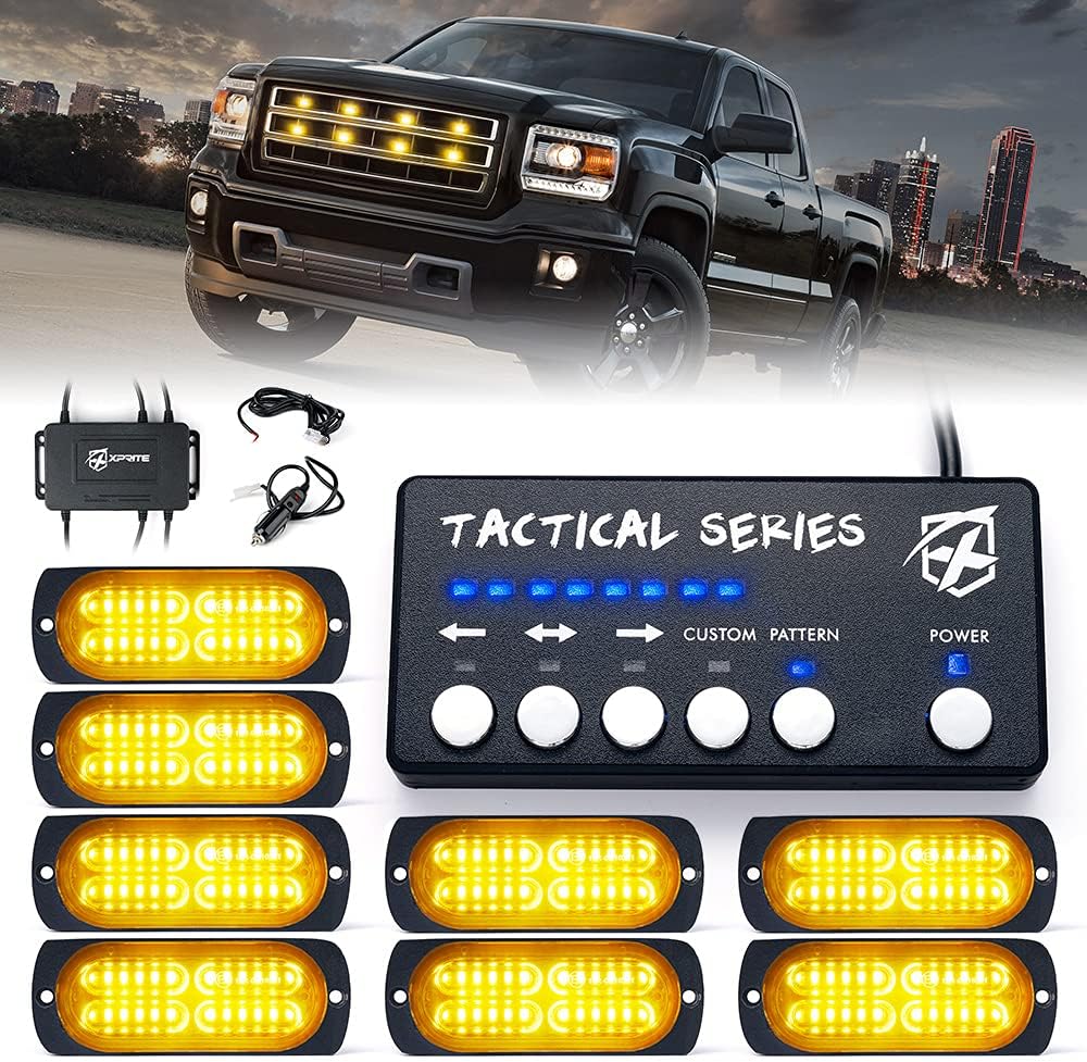 Xprite 24 LED White Amber Surface Mount Strobe Lights Kit with Control Panel, Grill Grille Side Marker Flashing Light Assemblies for Construction Towing Snow Plow Pickup Work Trucks Cars-4PCS