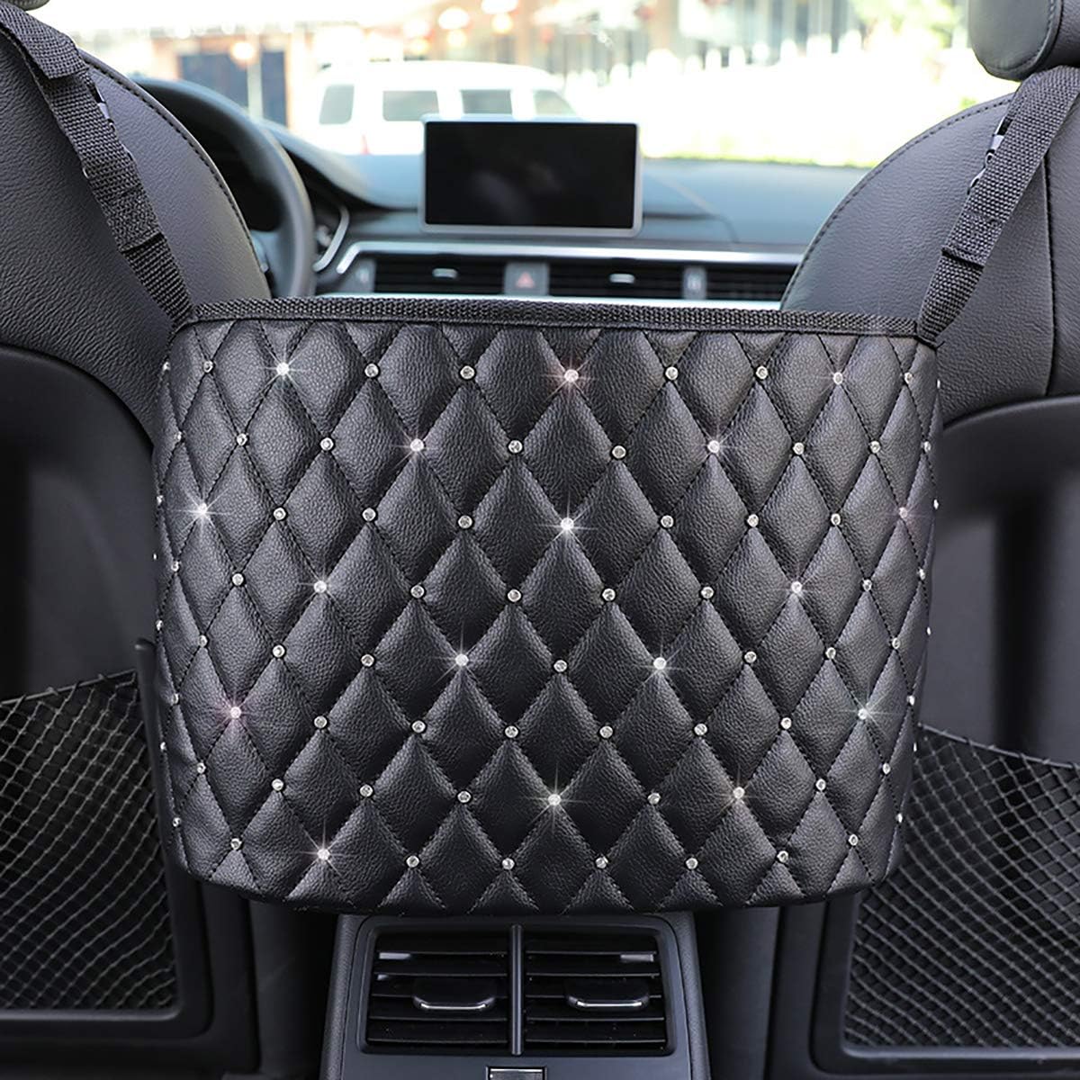 Car Net Pocket Handbag Holder with Diamond Bling Driver Netting Pouch, Handbag Holder Front Seat, Barrier of Backseat Pet Kids Storage & Pocket (Black with Diamond)