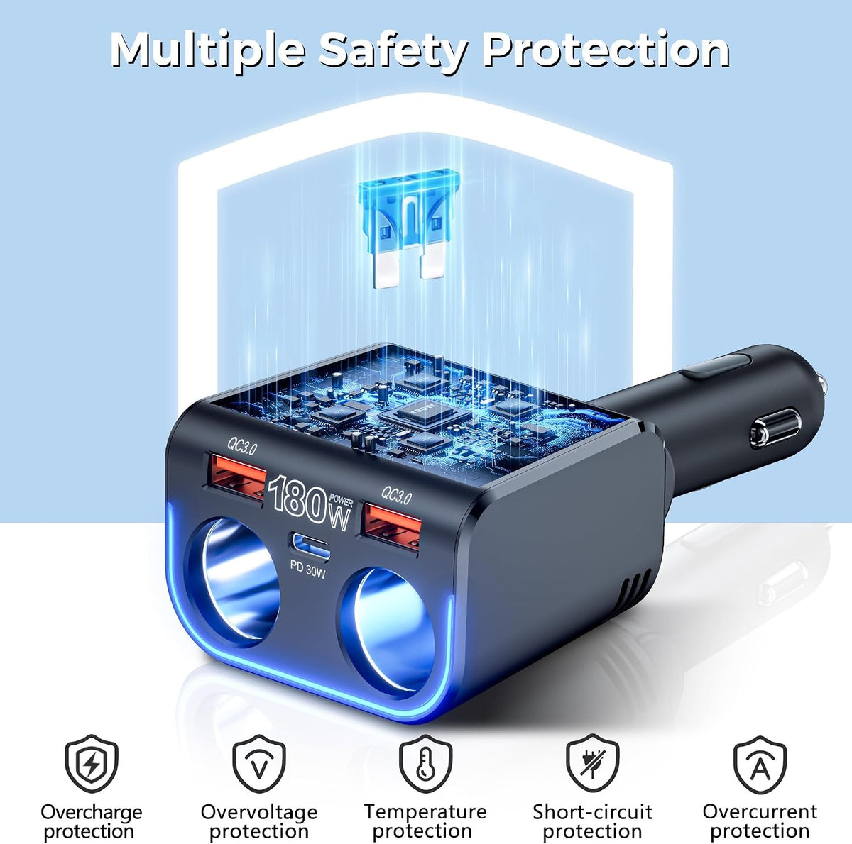 SONRU 180W Cigarette Lighter Splitter,30W PD Dual QC3.0 Car Charger Adapter