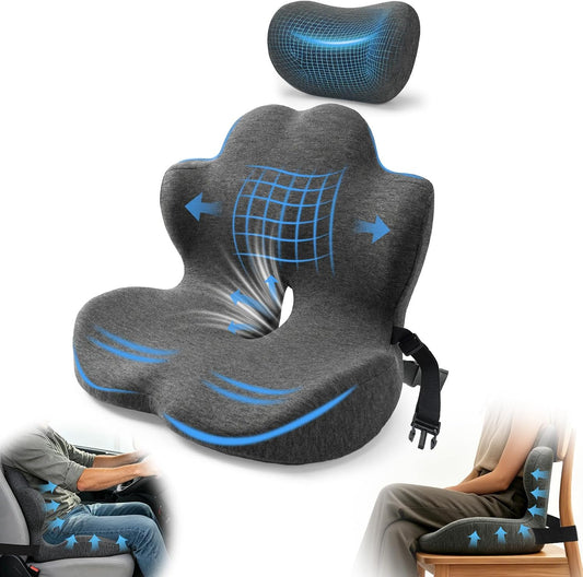 3-in-1 Memory Foam Seat Cushion & Headrest Pillow with Lumbar Support L-Shaped Ergonomic Driver Seat Cushions Design for Sciatica and Tailbone Pain Relief Comfort for Car,Truck,Chair