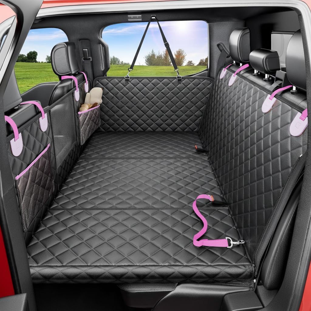 World Trip Dog Car Seat Cover for Back Seat, Hard Bottom 450 LB, 2026 Upgraded Oxford Fabric, Back Seat Extender for Dogs, Mesh Window, Waterproof Scratchproof, Extra Hair Glove, Fits Cars SUVs Trucks