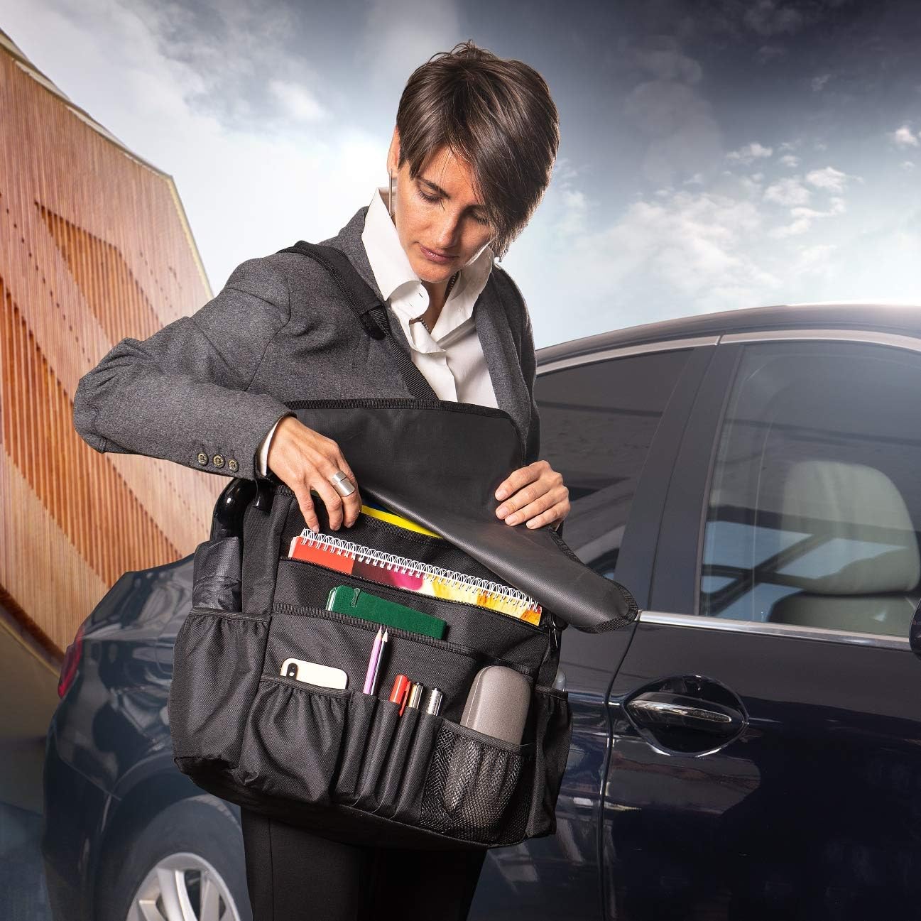 Front Seat Car Organizer with Cover and Laptop Storage - Back Seat or Passenger Car Organization with Adjustable Straps - Universal for Police, Driver, Office, Travel, Truck, Ideal for Law Enforcement