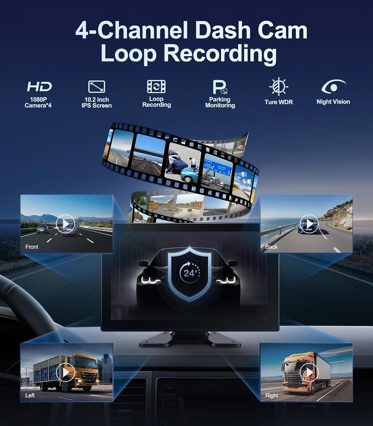 4 Channel 1080p Backup Camera System Dash Cam for RV/Truck/Trailer/Bus/Cars