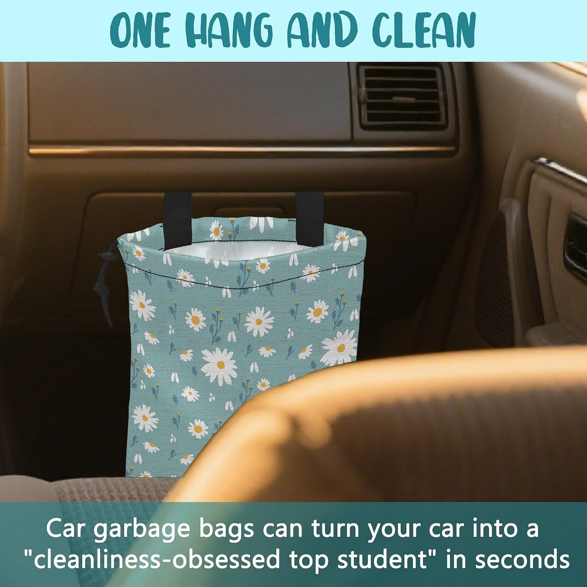 Car Garbage Bag Beautiful Blue Blooming Flowers Drawstring Car Trash Bag Hanging for Back Seat with Adjustable Buckle Canvas Vehicle Trash Can Easy-to-Install