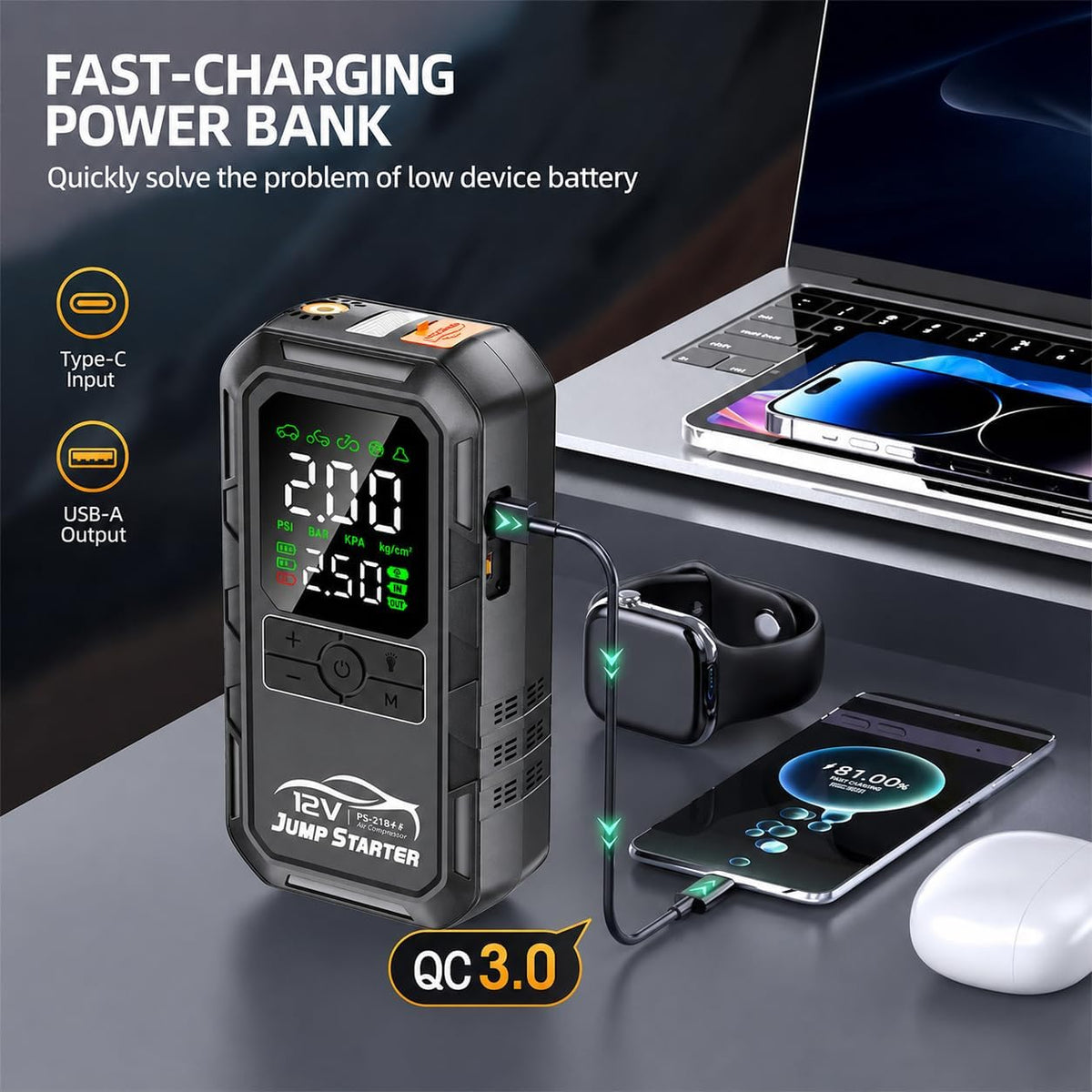 10-in-1 Car Battery Jump Starter with Air Compressor 8000A 160PSI Portable Car Jumper Starter (All Gas 12L Diesel), 12V Jump Box Car Battery Jump Starter Portable Jumper Cables, Lights (8000A)