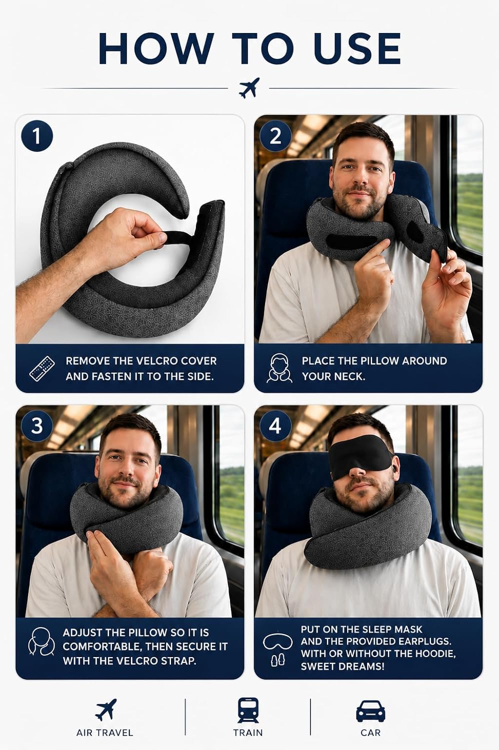 Sleepfly Travel Neck Pillow with Hood – 3-in-1 Travel Essentials Kit : Neck Pillow, Blackout Mask & Silicone Earplugs – Ergonomic Memory Foam Neck Support for Airplane, Car and Train