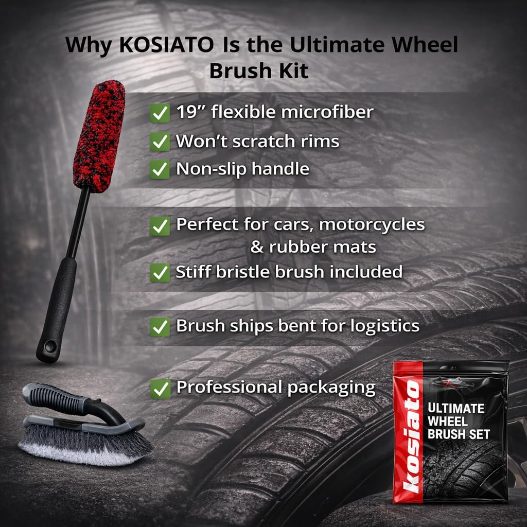 Car Wheel Brush & Wheel Barrel Brush Kit – 19" Soft Non-Scratch Microfiber Rim + Stiff-Bristle Scrubber for Tires, Rubber Mats & Motorcycles – Tire Brushes for Cleaning Tires.