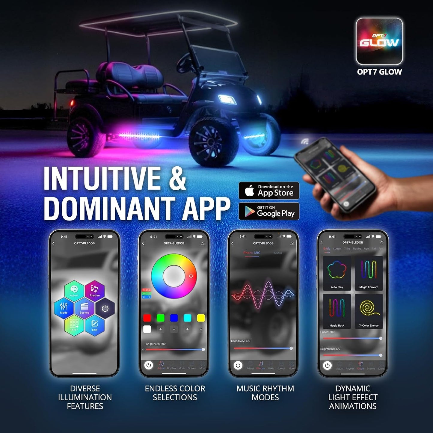 OPT7 Aura DreamColor 12V Golf Cart Underglow Chasing Light w/APP & Remote | Waterproof Rigid Aluminum Case, RGB-IC LED Bar, Sound Sync Lighting, Outdoor Accent Lights, EZGO Yamaha Club Car Accessories