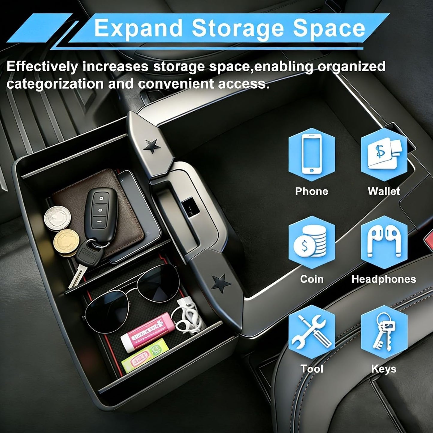 Center Console Organizer for 2019-2026 Chevy Silverado/GMC Sierra 1500 | Jump Seat Hanging Storage Box with Dividers, Expanding Storage Space Upgrade Floor Console for Truck - Interior Accessories