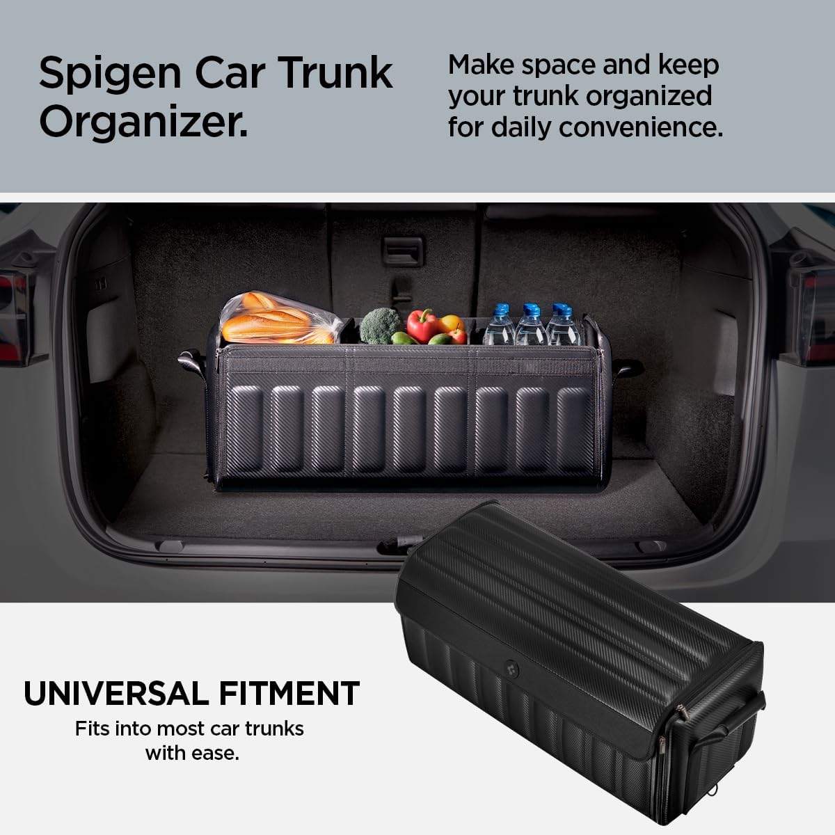 Spigen Trunk Organizer - Collapsible Heavy Duty Foldable with Lid, for Tesla Model Y Juniper L, Model 3/Y/S/X/Cybertruck, Sedan, and all Cars and SUVs - Black